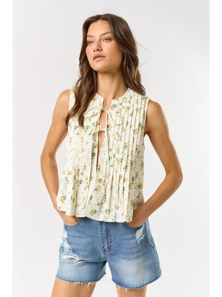 Floral Front Tie Sleeveless Top