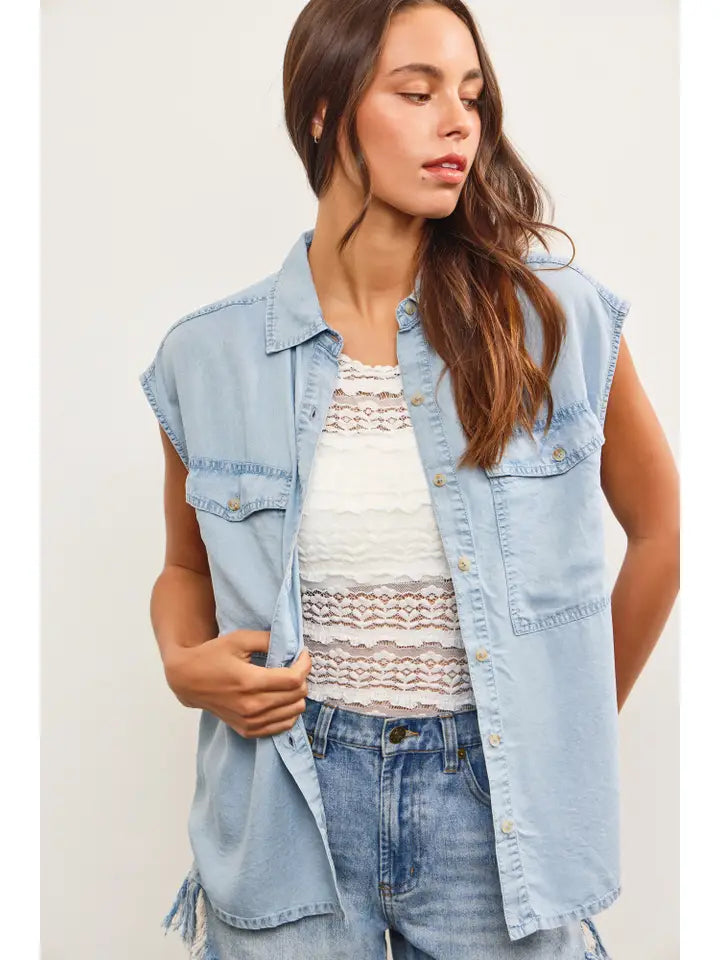 Cap Sleeve Denim Shirt