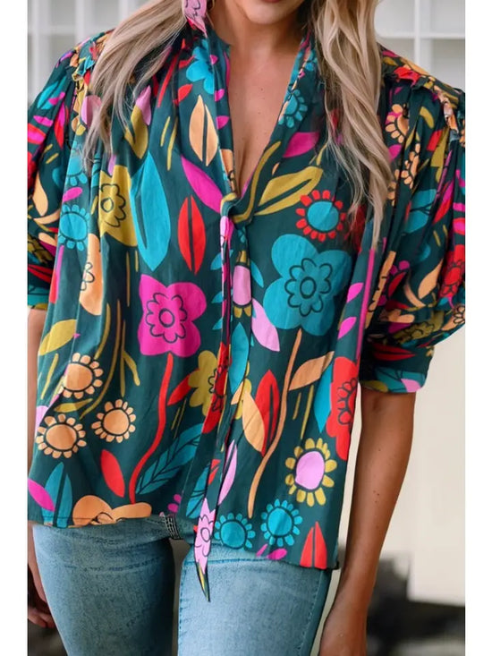 Floral Print Puff Sleeve Tied V Neck Blouse