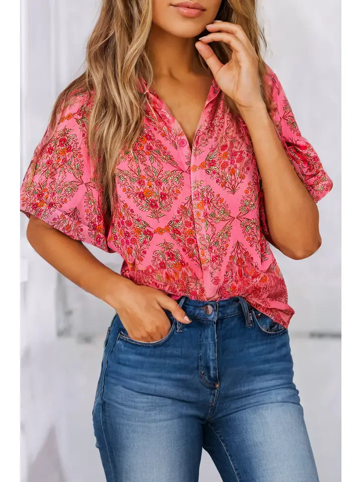 Floral Print Wide Short Sleeve Loose Shirt|Multicolor