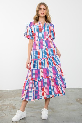 Puff Sleeve Pattern Print Maxi Dress