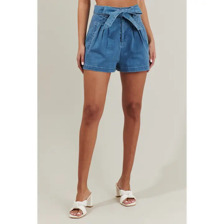 Zoey Sky Pleated Denim Shorts
