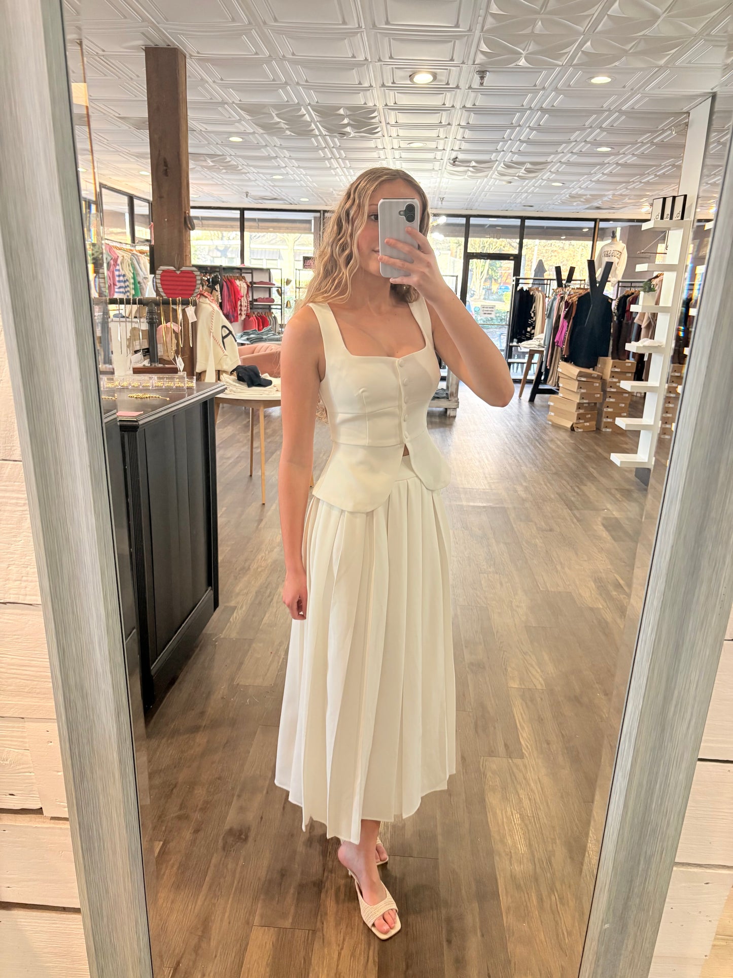 Crepe Square Neck Button Down Vest And Skirt Set