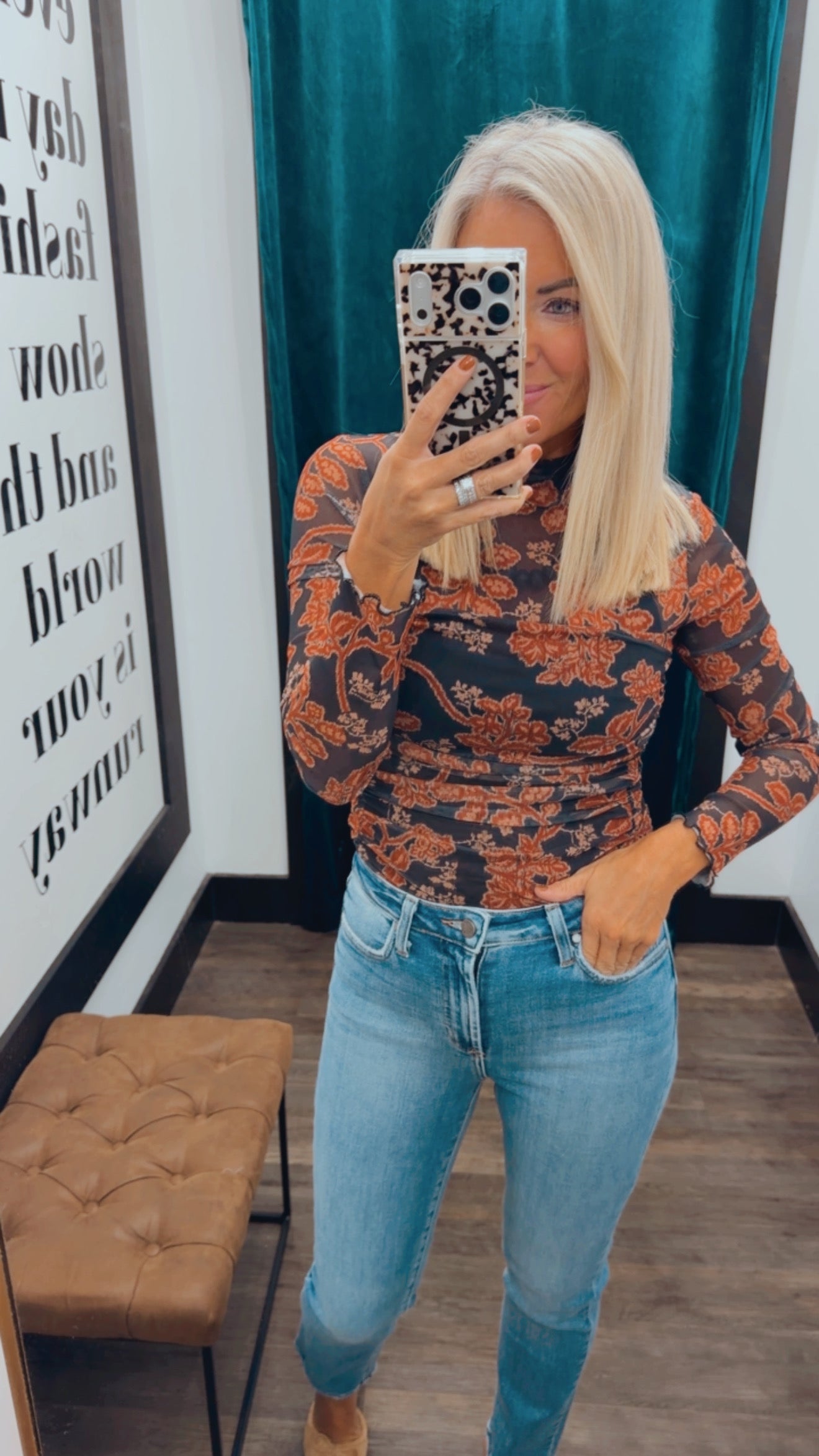Floral Mesh Neck Ruched Bodysuit