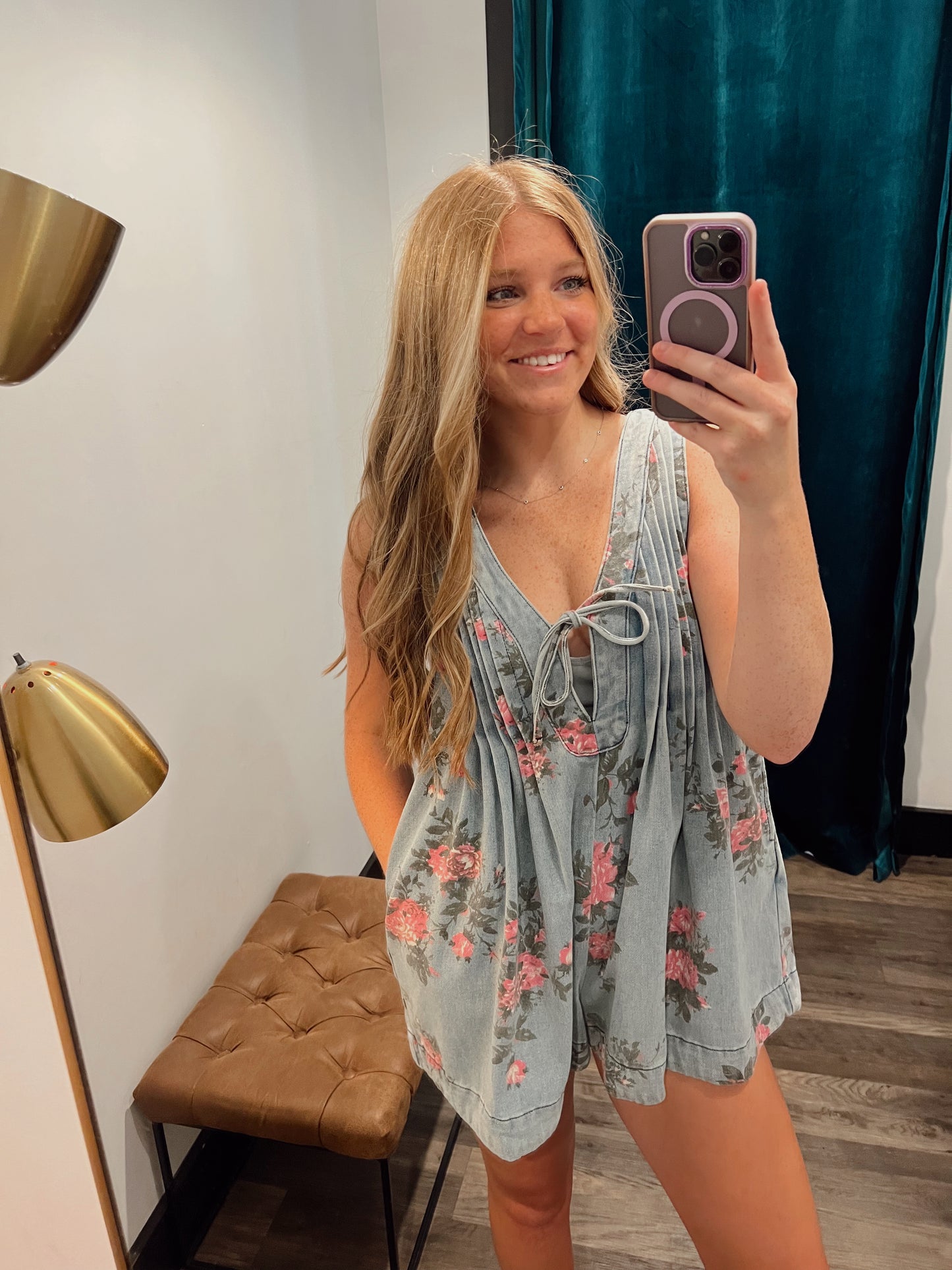 Printed Pleated V Neck Sleeveless Romper