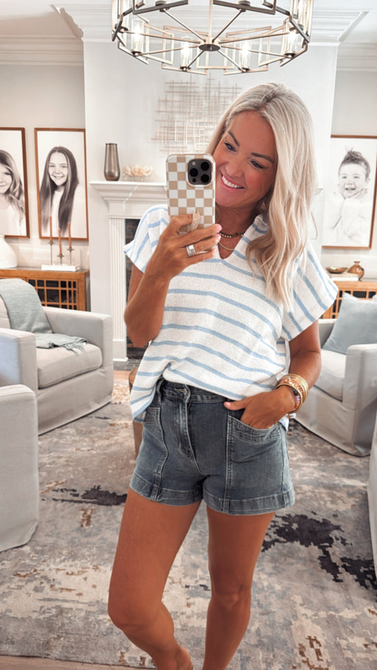 Striped Collared V Neck Top