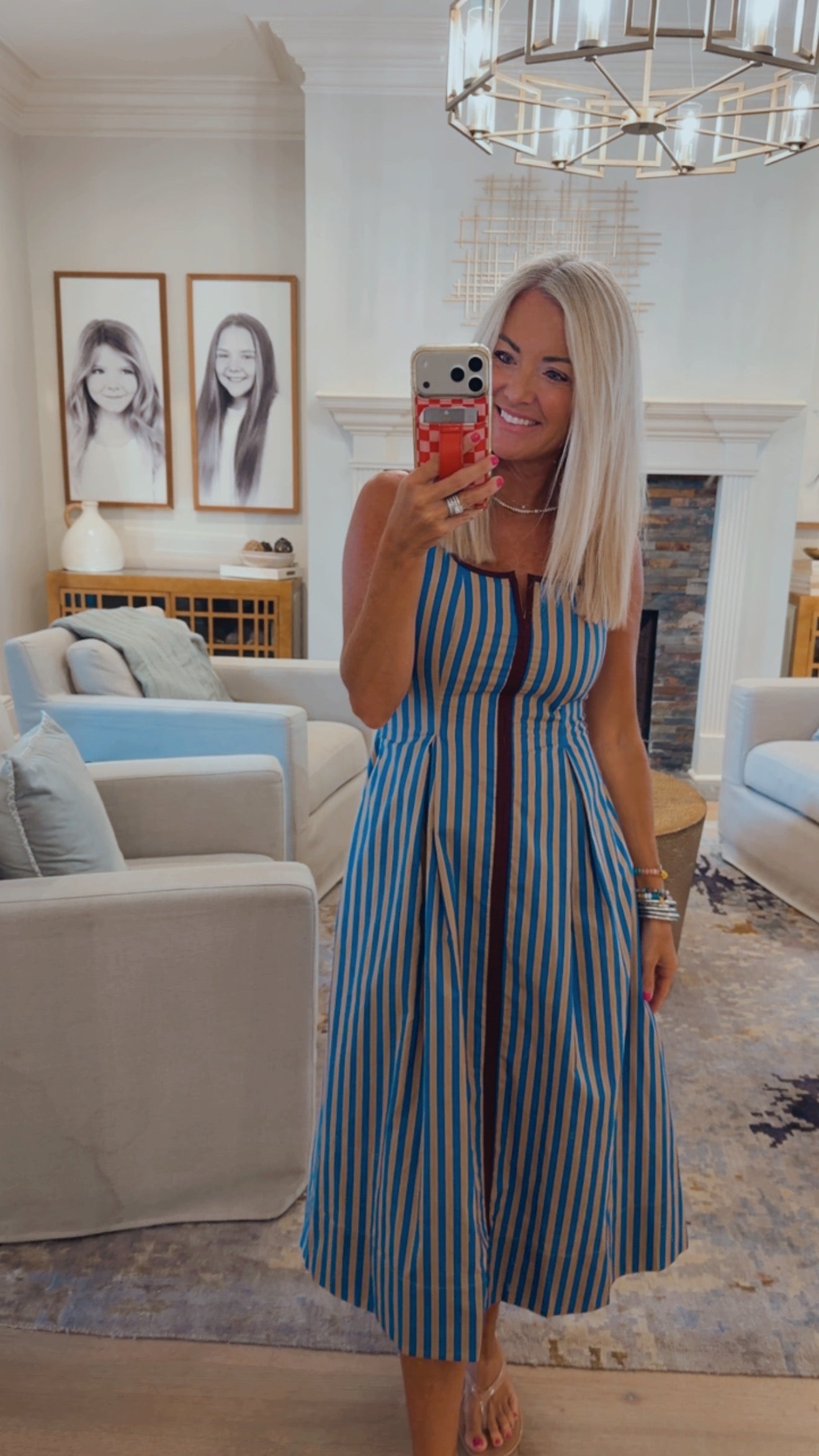 Stripe V Neck Midi Dress
