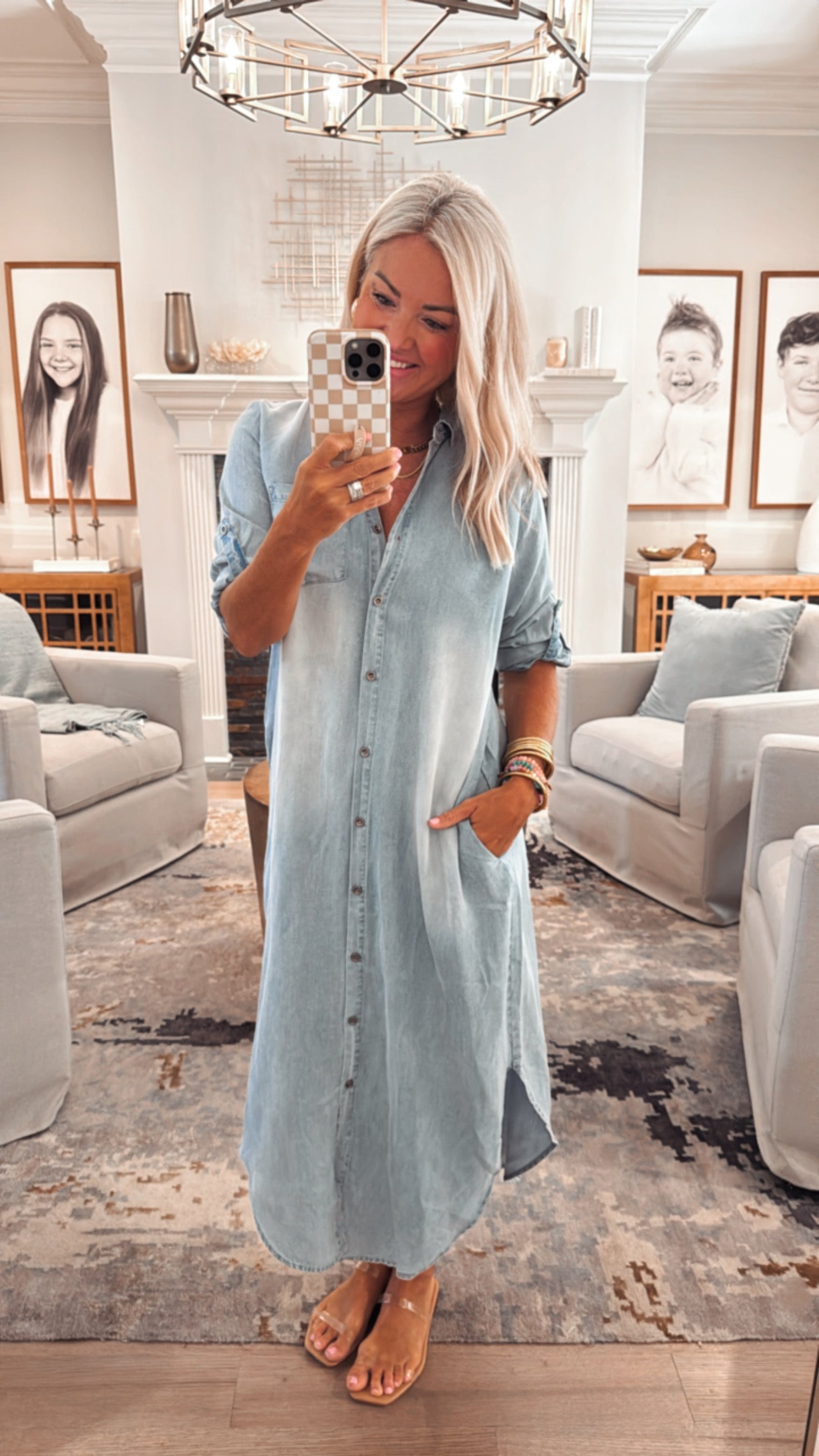 3/4 Sleeve Tencel Denim Shirt Midi Dress
