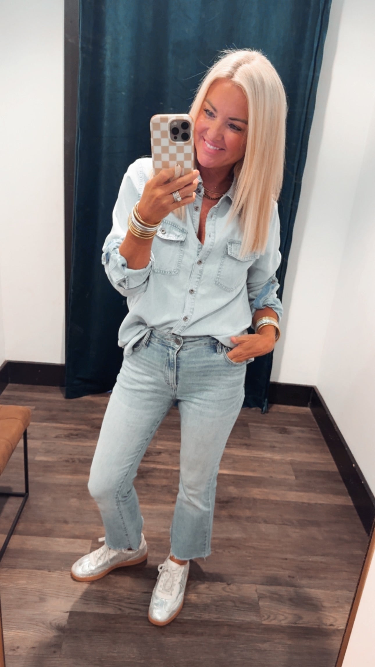 Chambray Button Down Shirt with Roll Up Sleeve