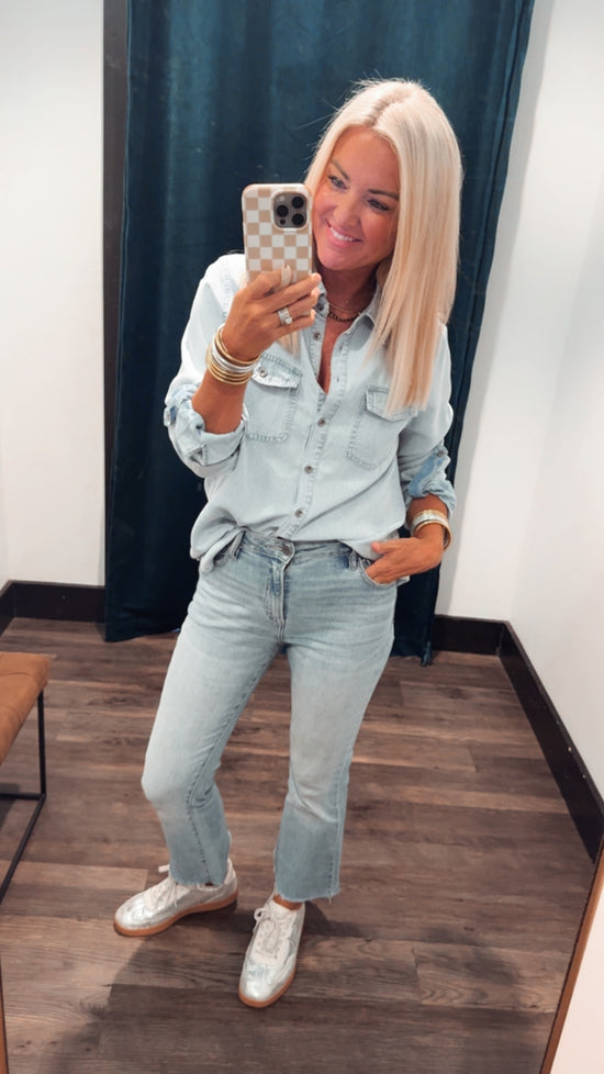 Chambray Button Down Shirt with Roll Up Sleeve