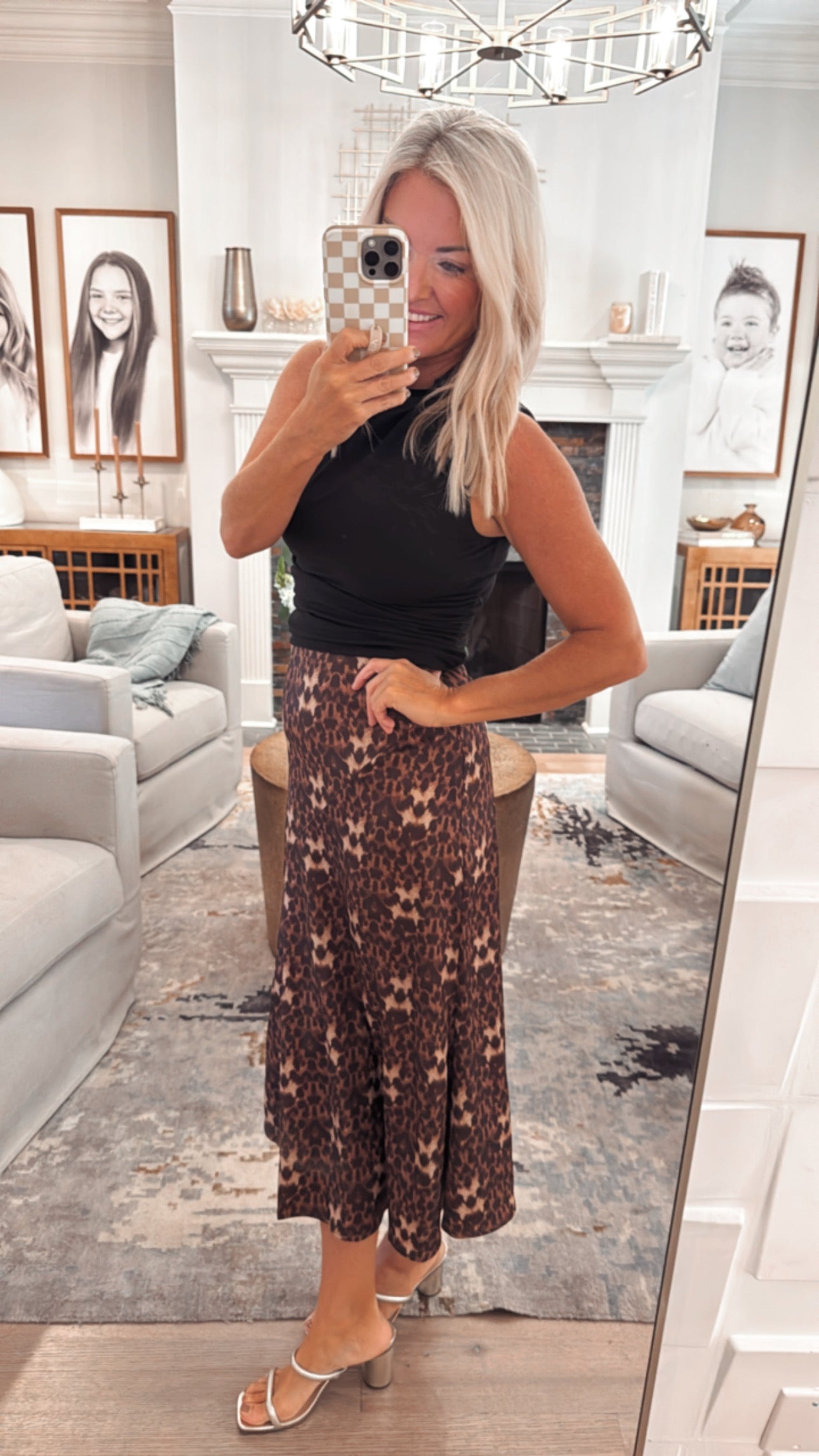 Leopard Sliky Block Detailed Midi Skirts