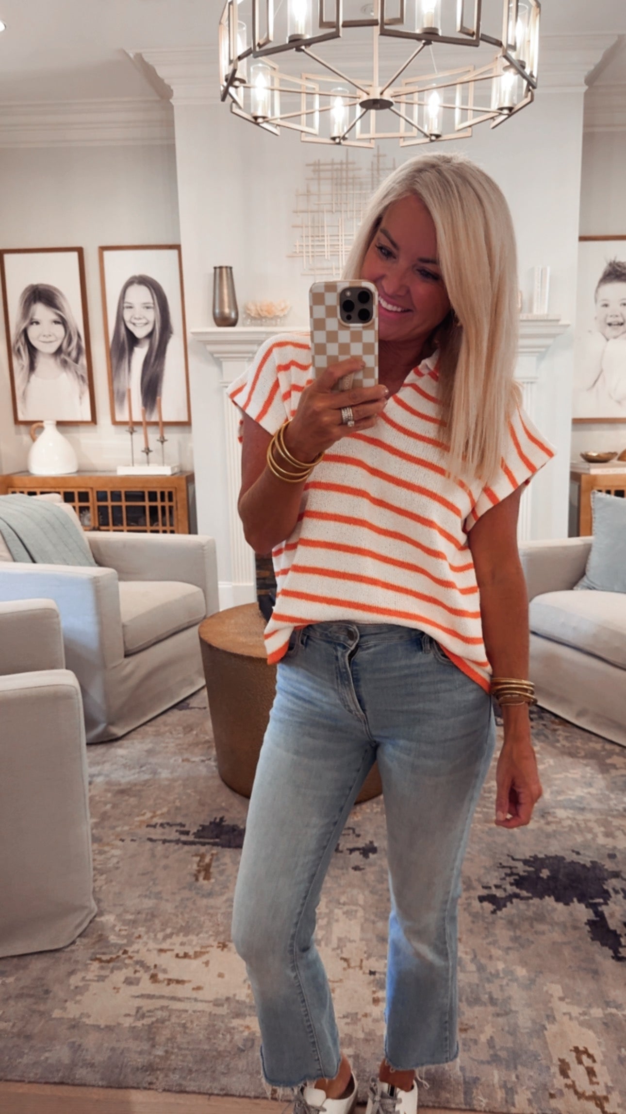 Striped Collared V Neck Top