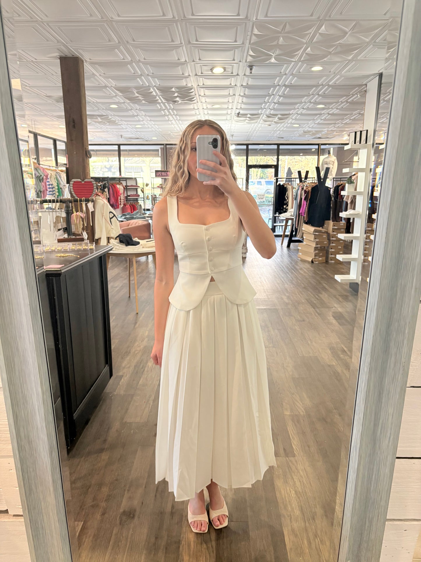 Crepe Square Neck Button Down Vest And Skirt Set