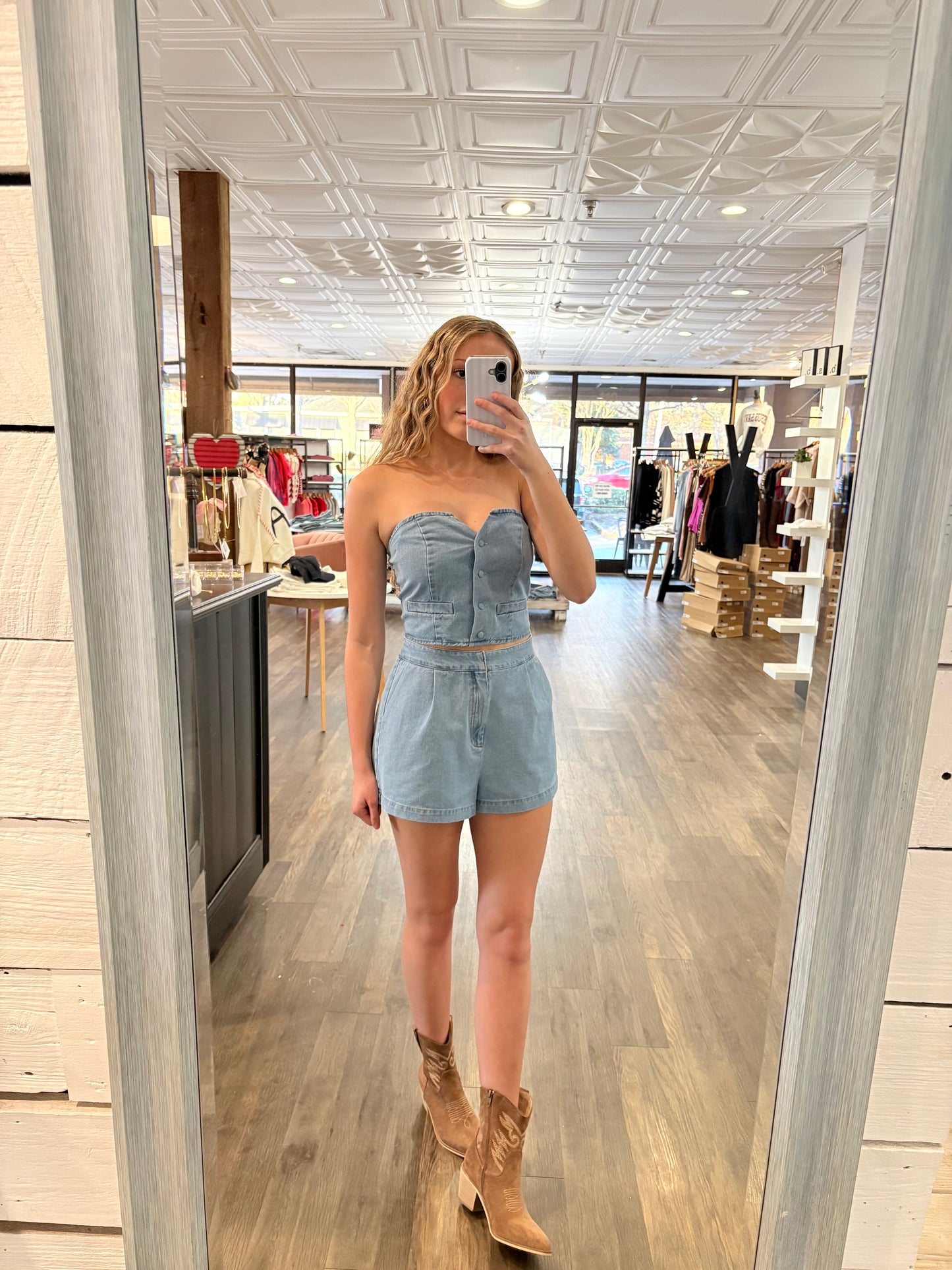 Denim Tube Top And Shorts Set