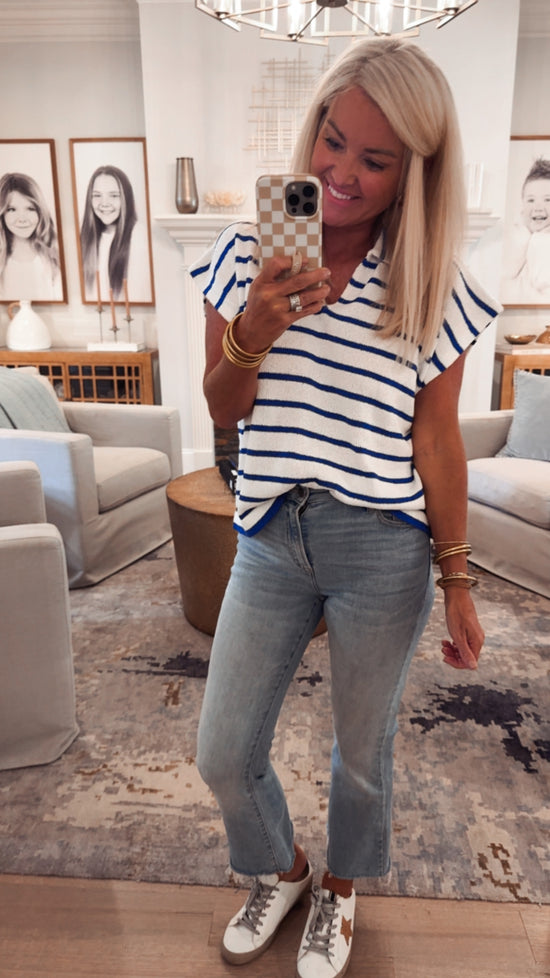 Striped Collared V Neck Top