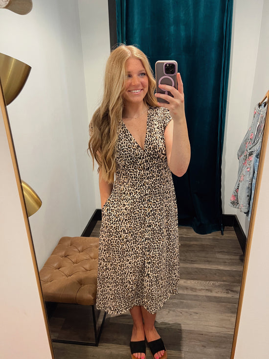 Leopard Print Midi Dress w/ Smocked Waist