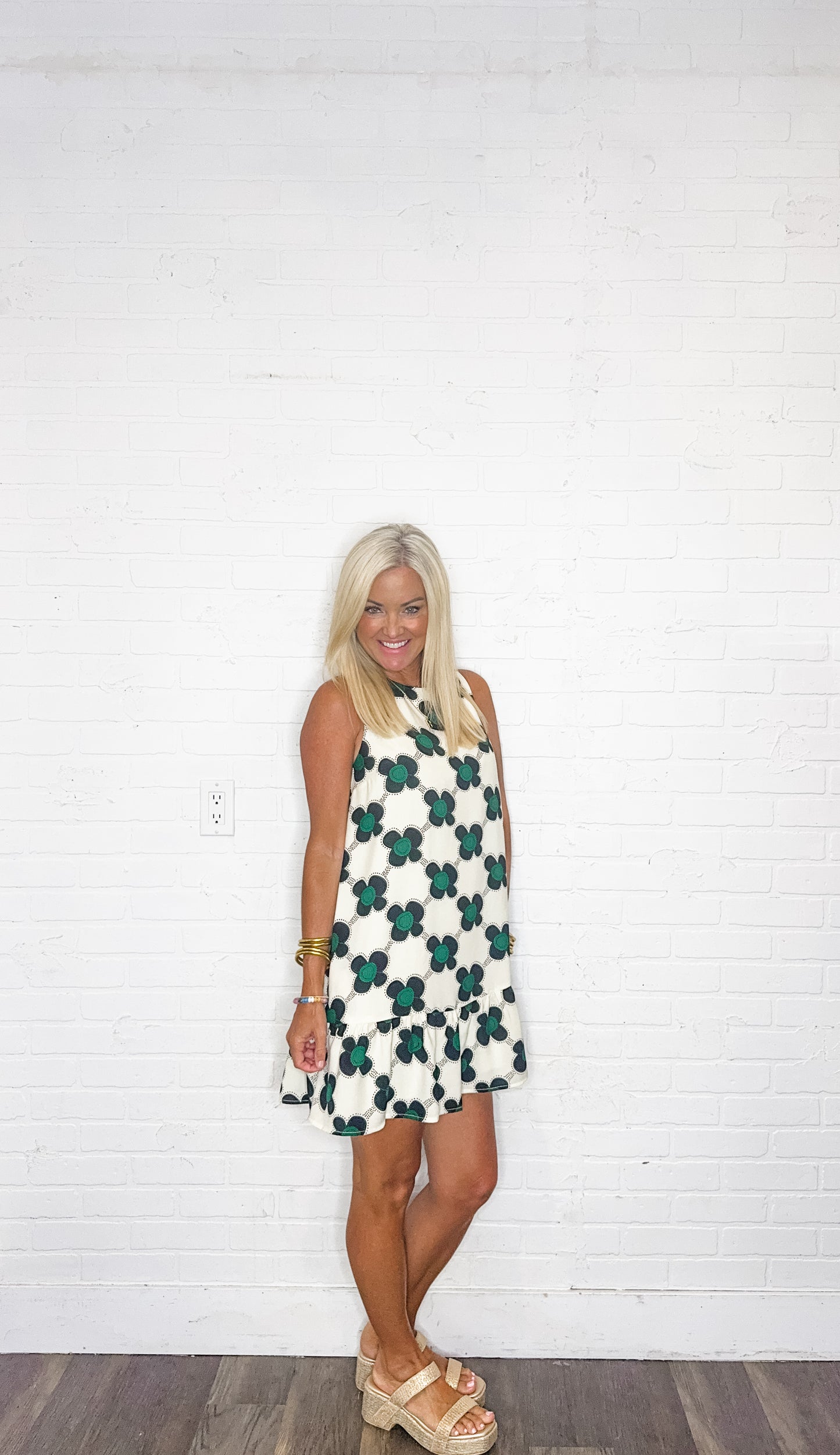 Twill Round Neck Floral Tie Back Mini Dress