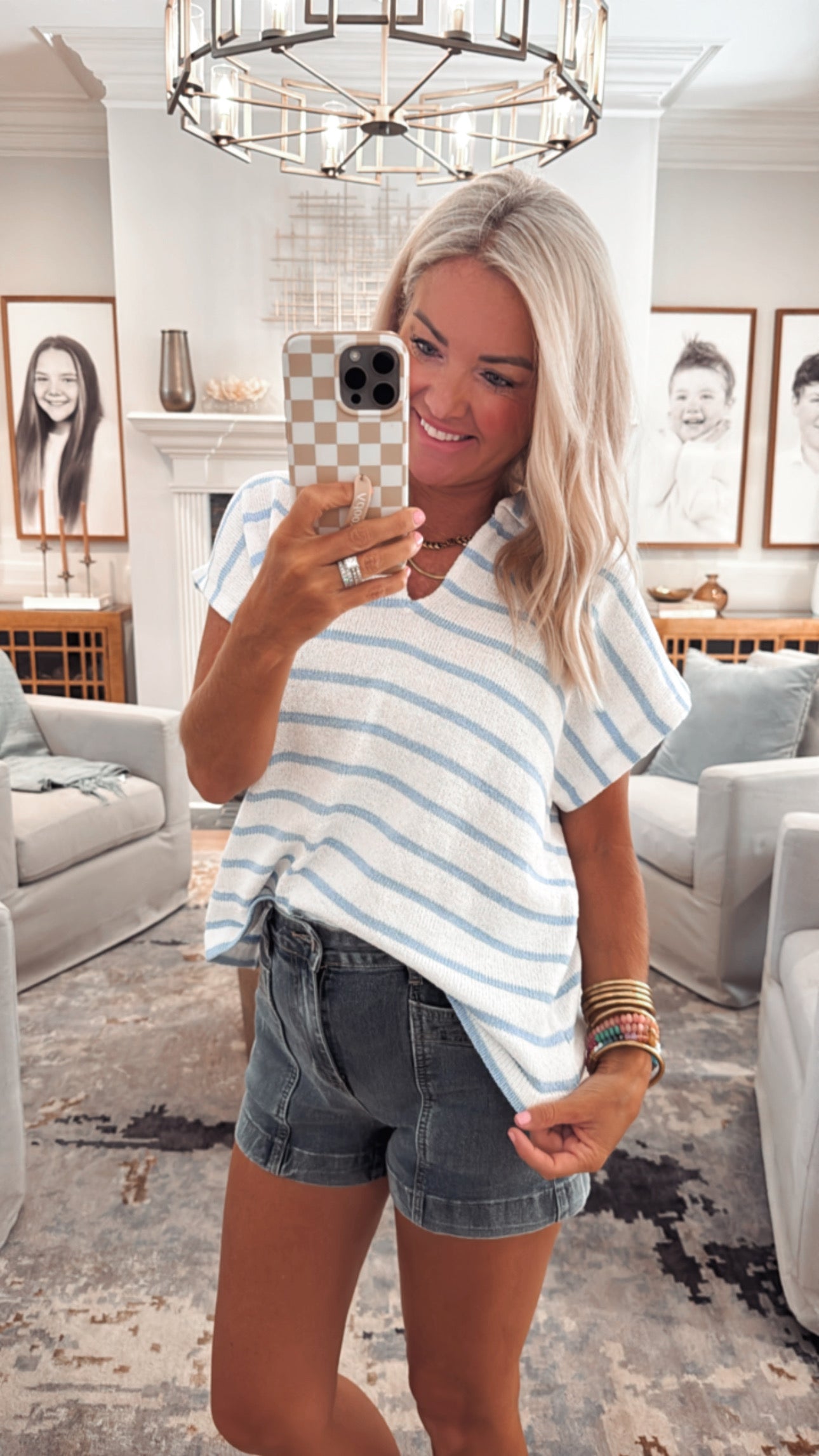 Striped Collared V Neck Top