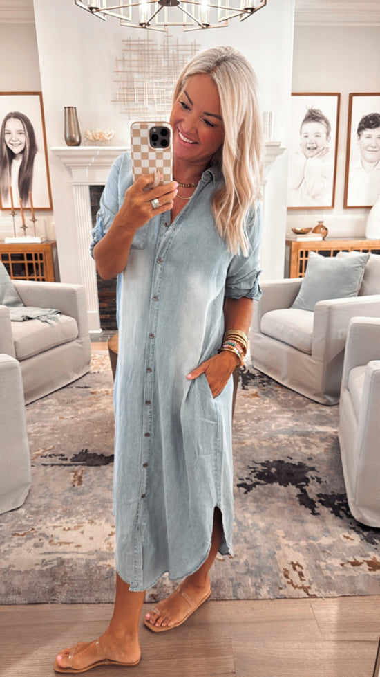 3/4 Sleeve Tencel Denim Shirt Midi Dress