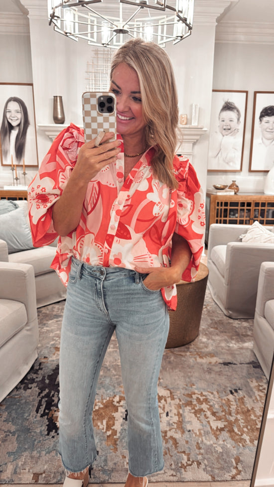 Karlie Red Artist Floral Ruffle Top