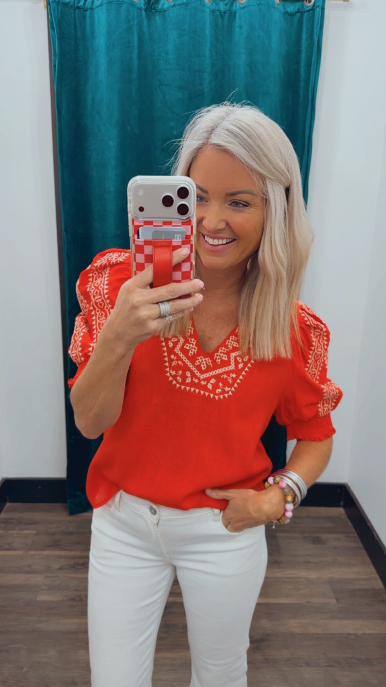 Embroidered Smocked Sleeve Top
