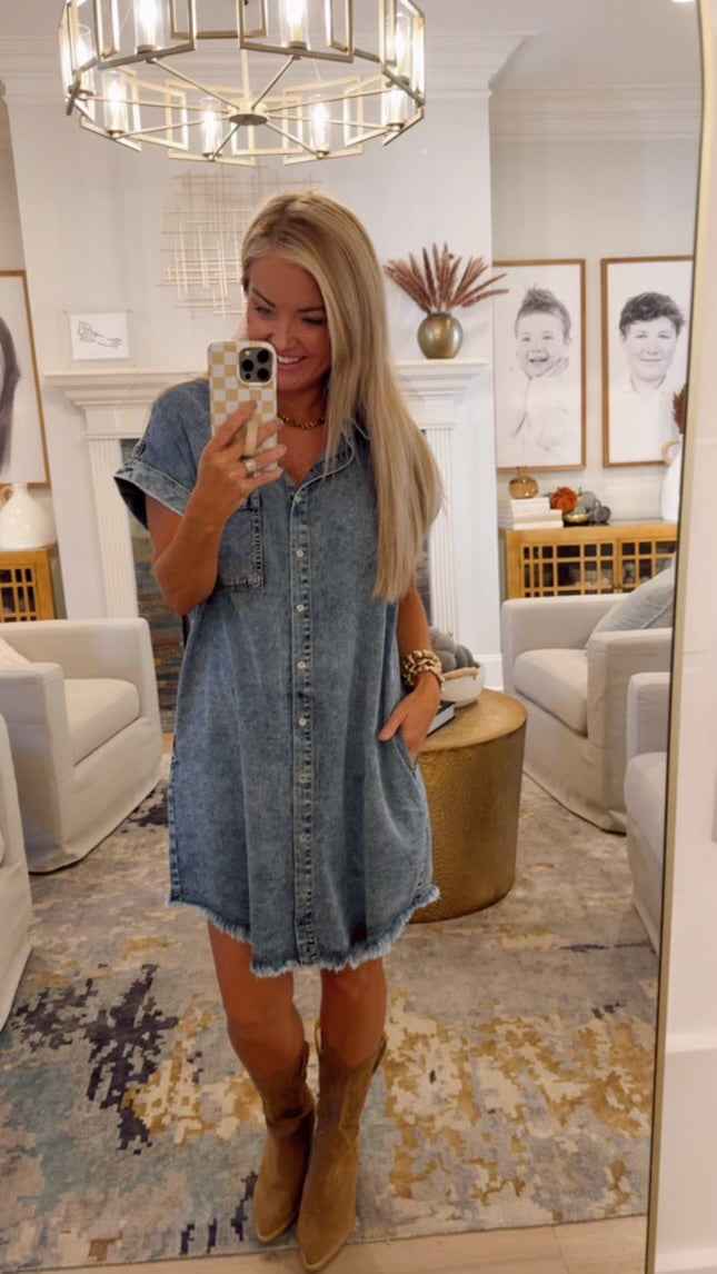 Frayed Hem Denim Shirt Dress