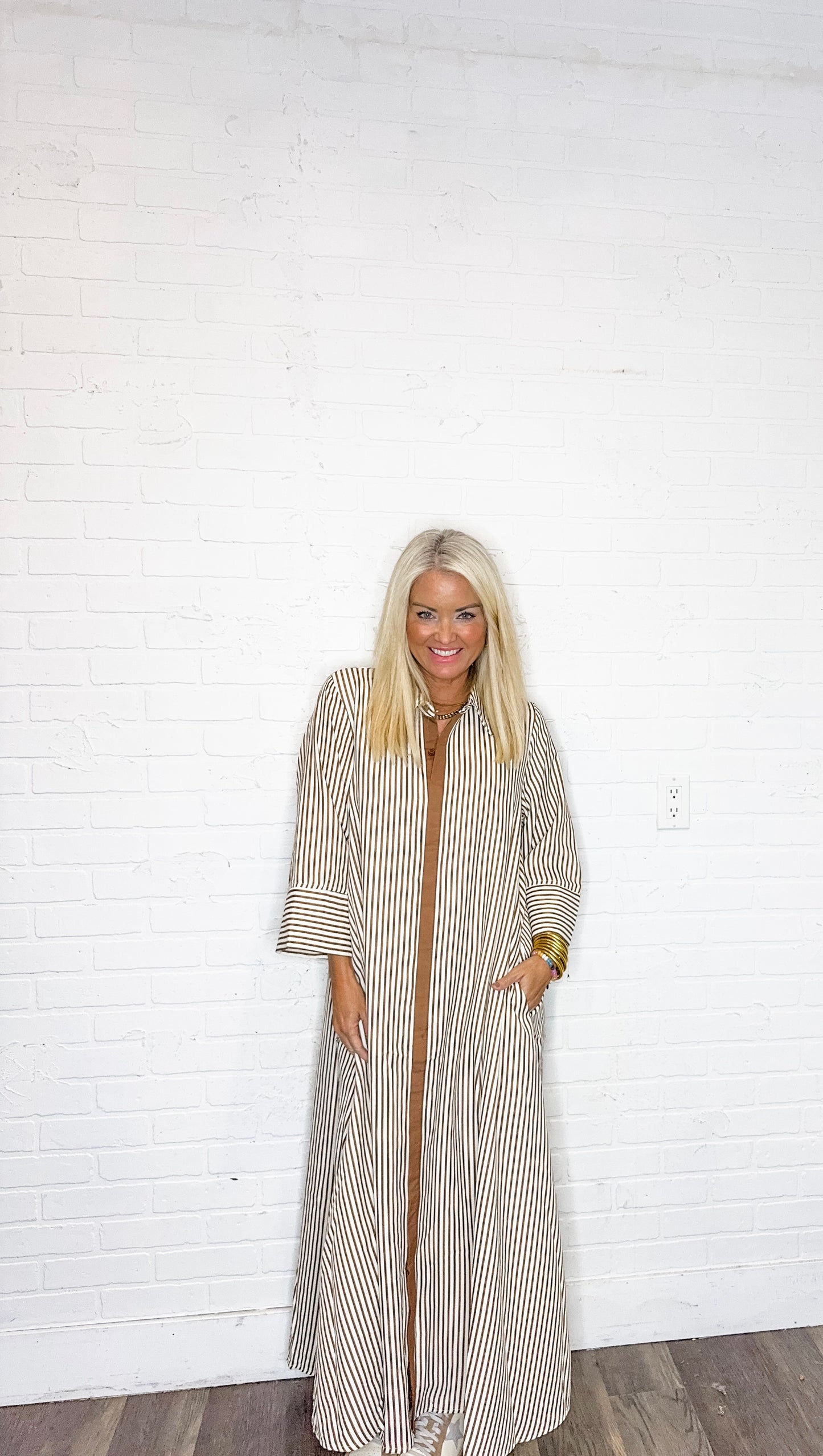 Striped 3/4 Sleeve Midi Dress