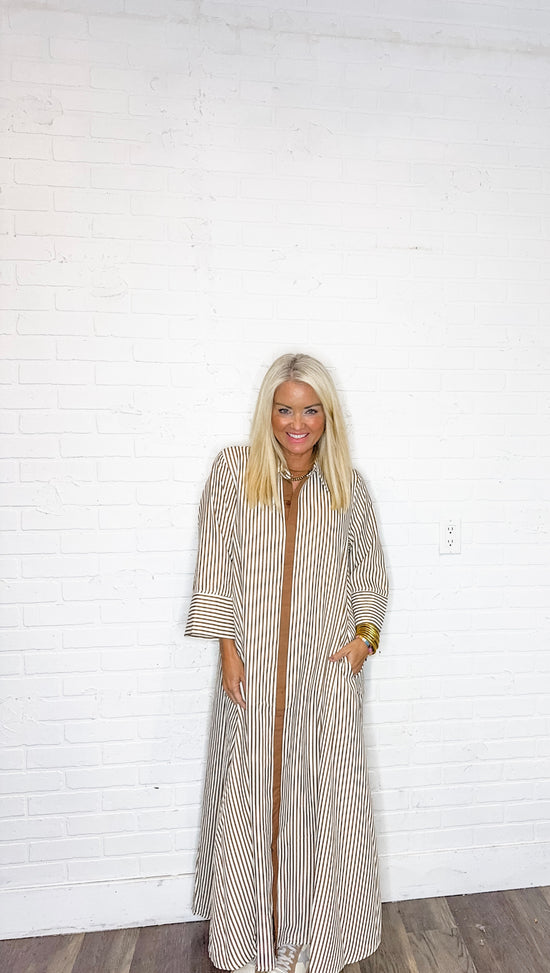 Striped 3/4 Sleeve Midi Dress