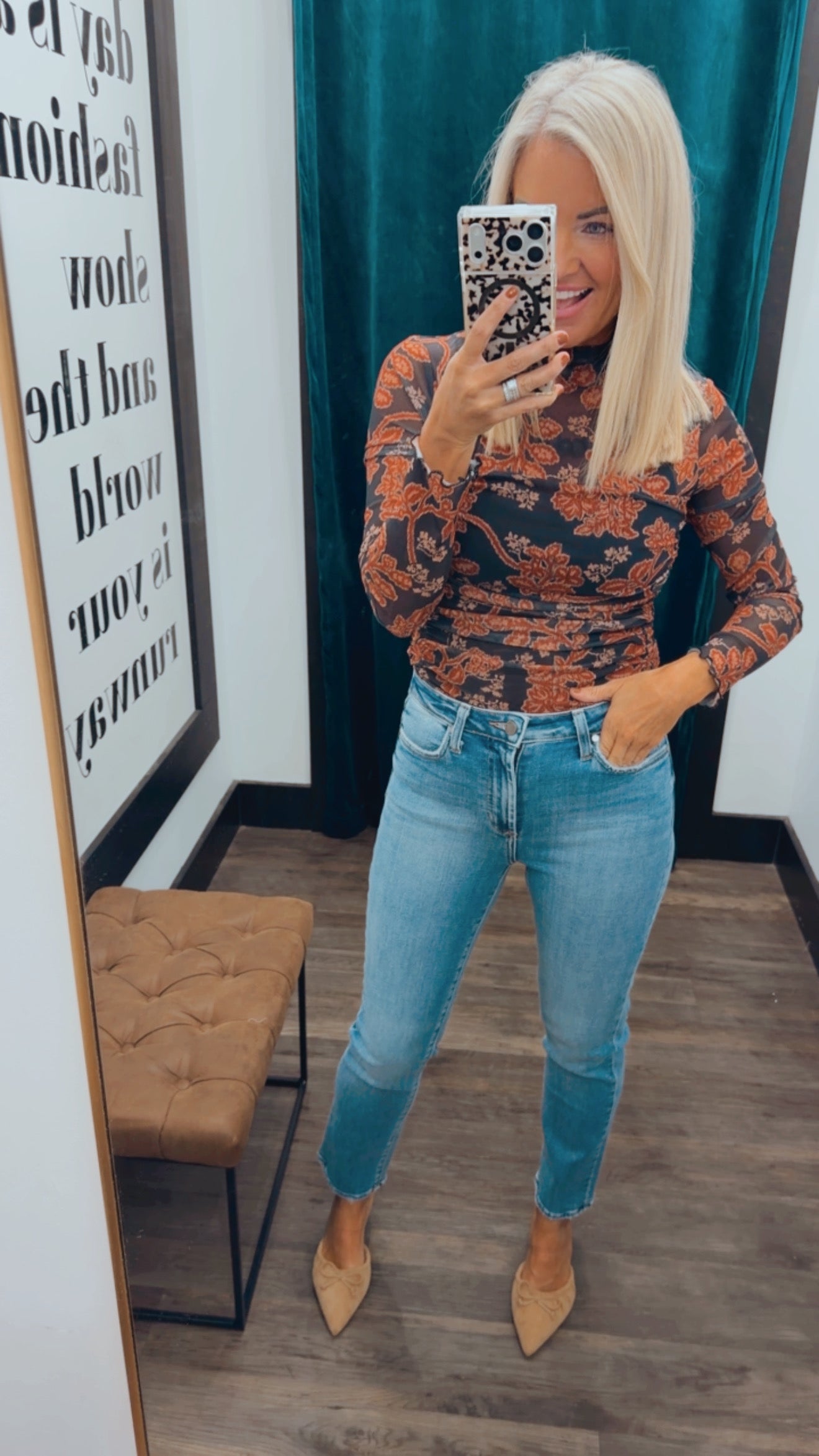 Floral Mesh Neck Ruched Bodysuit