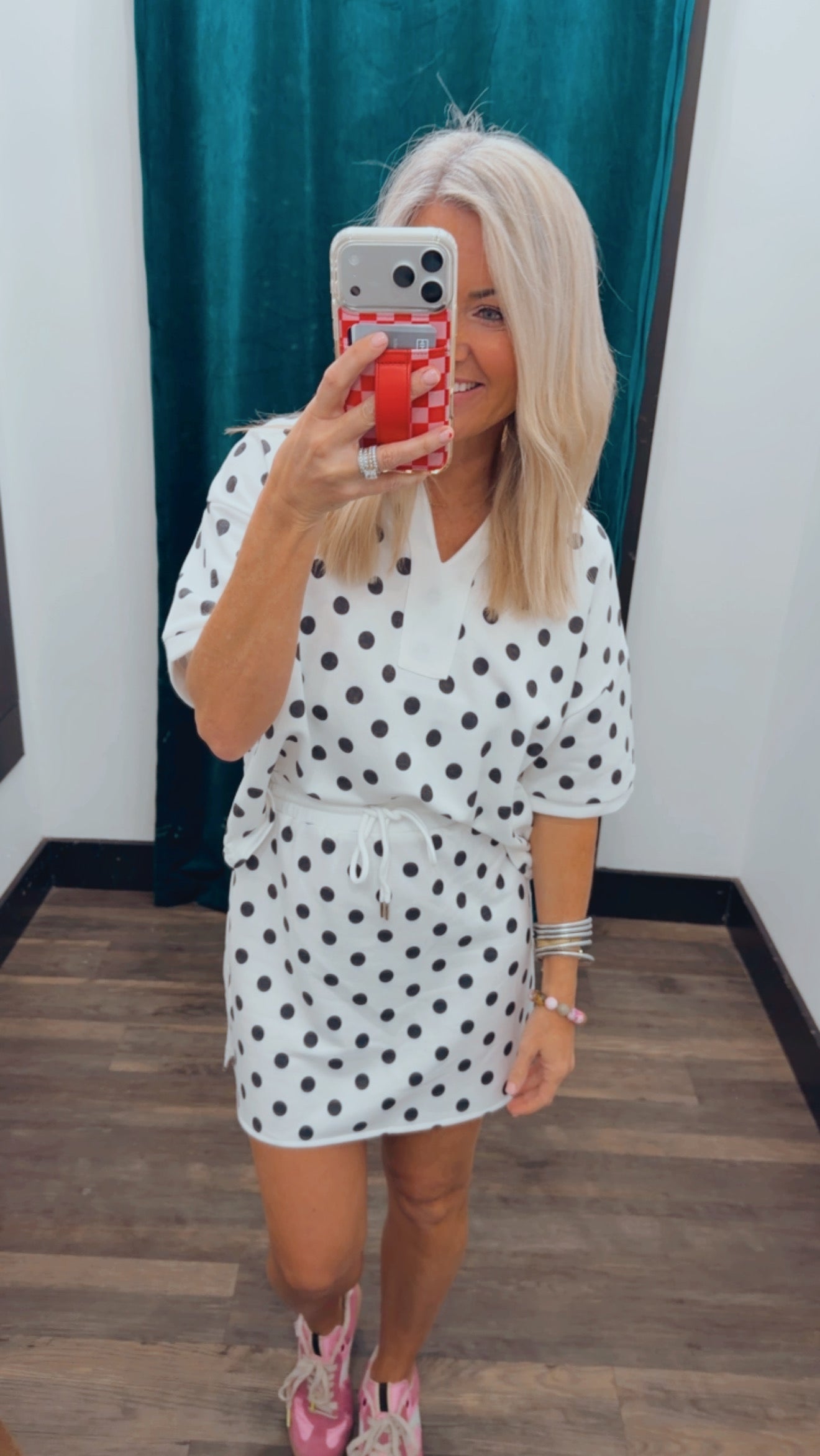 Polka Dot Collared Top And Skirt Set