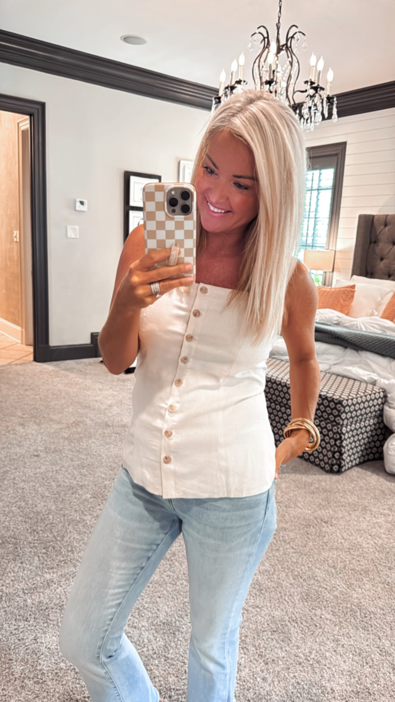 Button Down Spaghetti Strap Linen Top