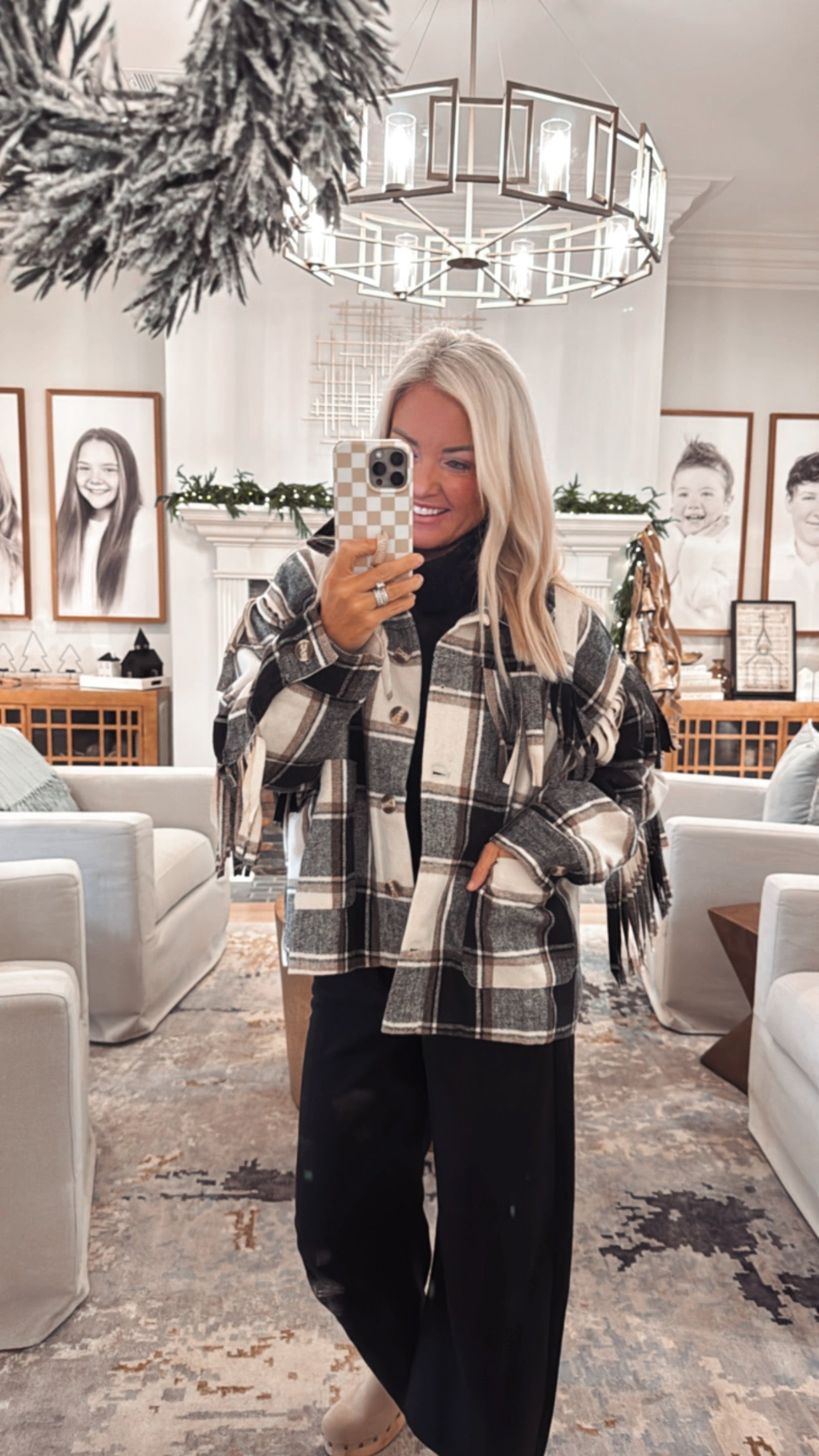 Wool Fringed Detail Plaid Jacket