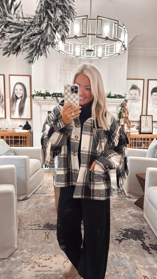 Wool Fringed Detail Plaid Jacket