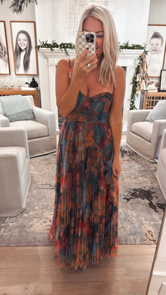 Pleated Floral Tulle Maxi Dress