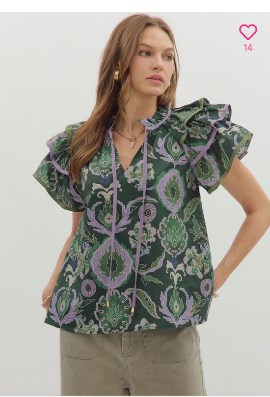 Paisley Print Ruffle Top
