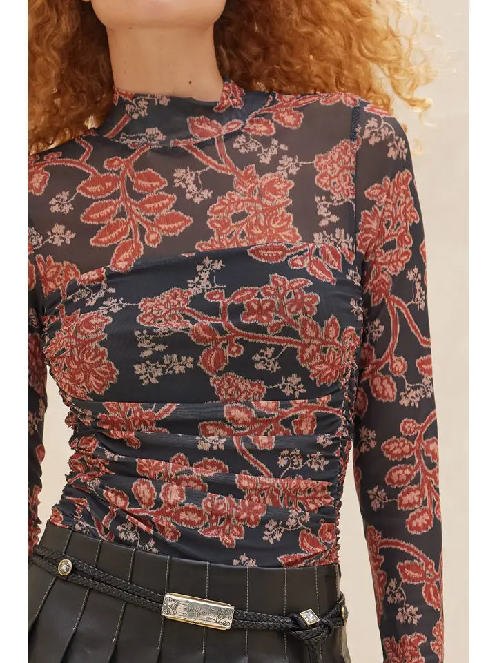Floral Mesh Neck Ruched Bodysuit
