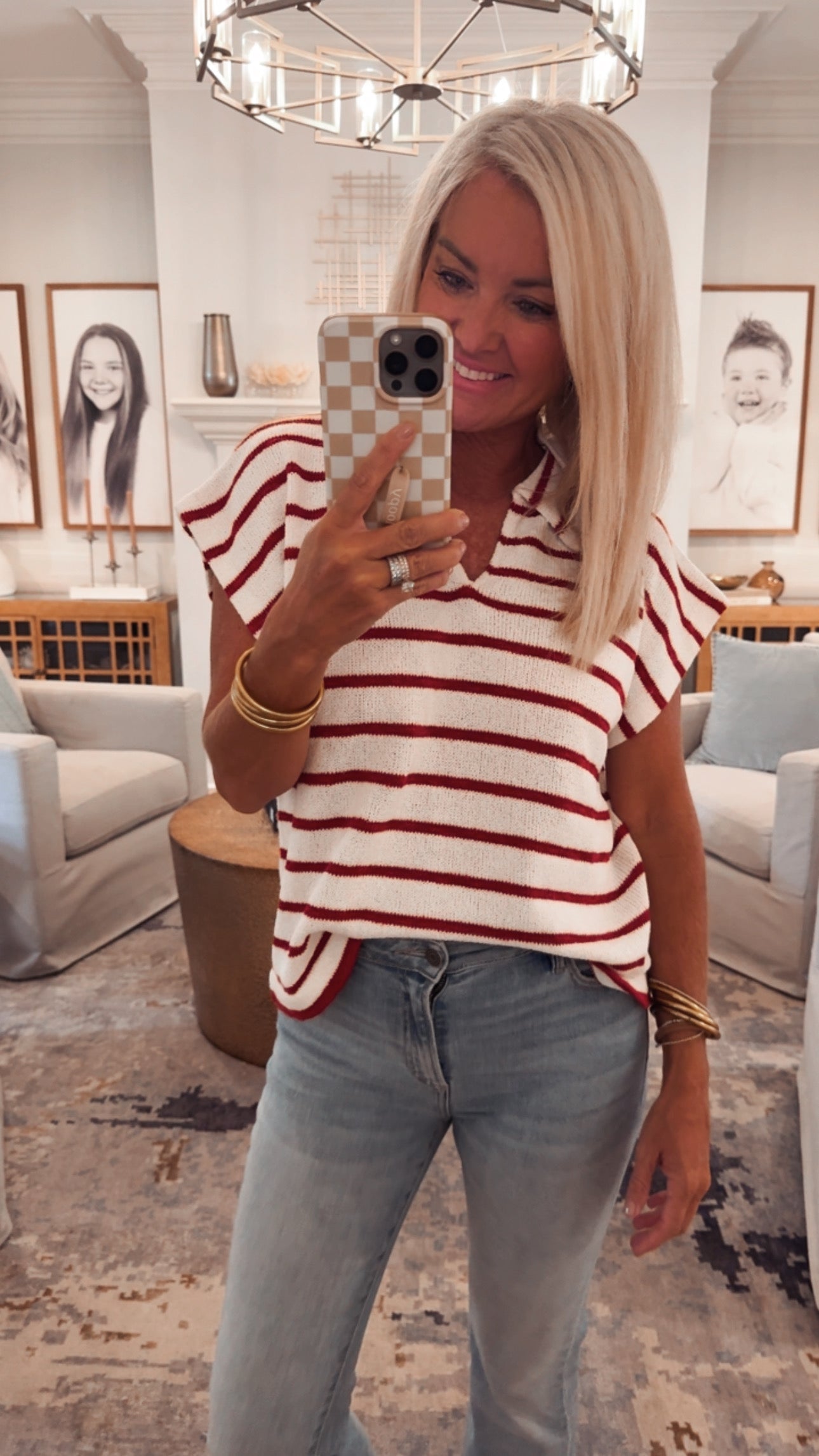 Striped Collared V Neck Top