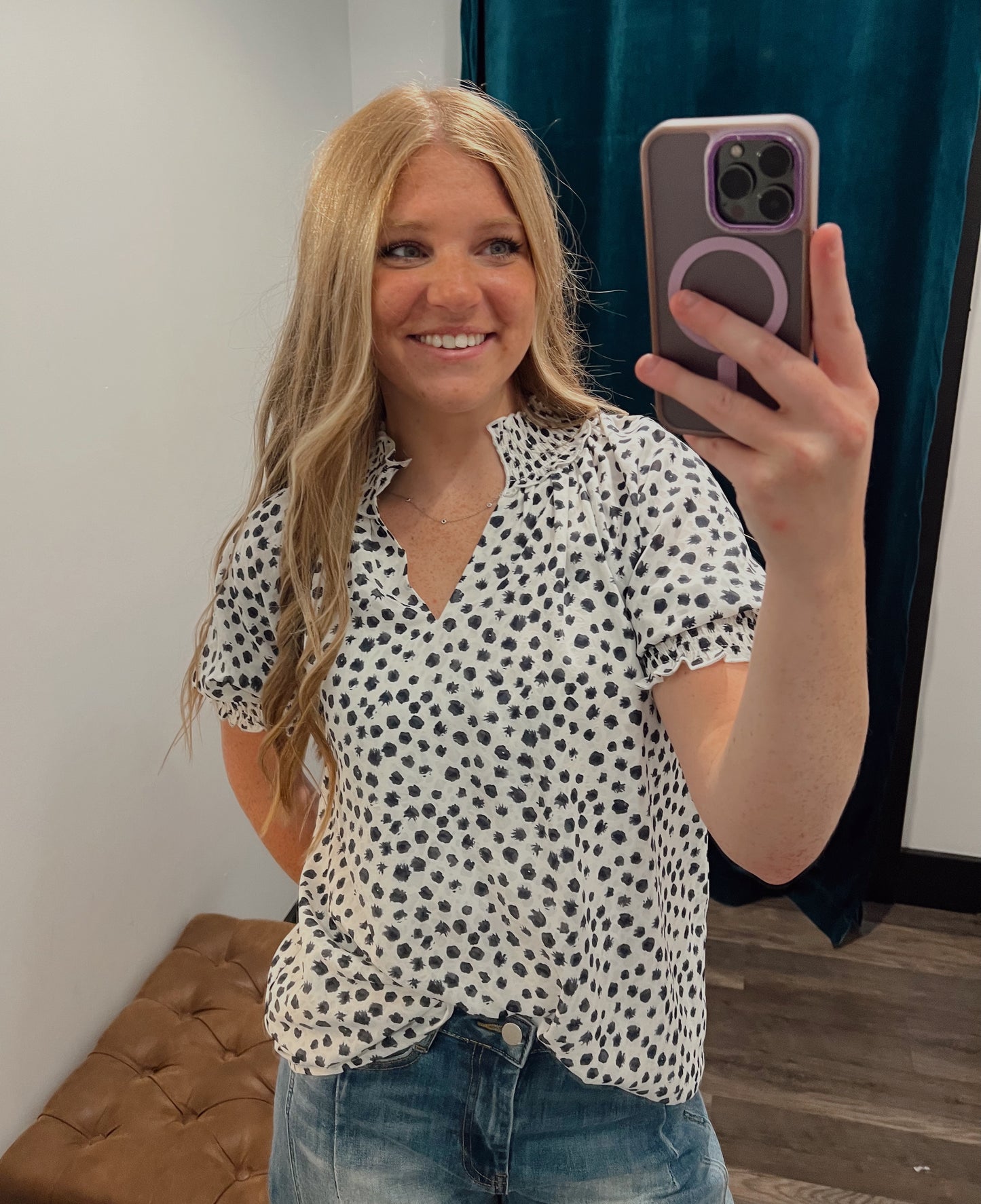 Jacquard Dot Print Short Sleeve Blouse