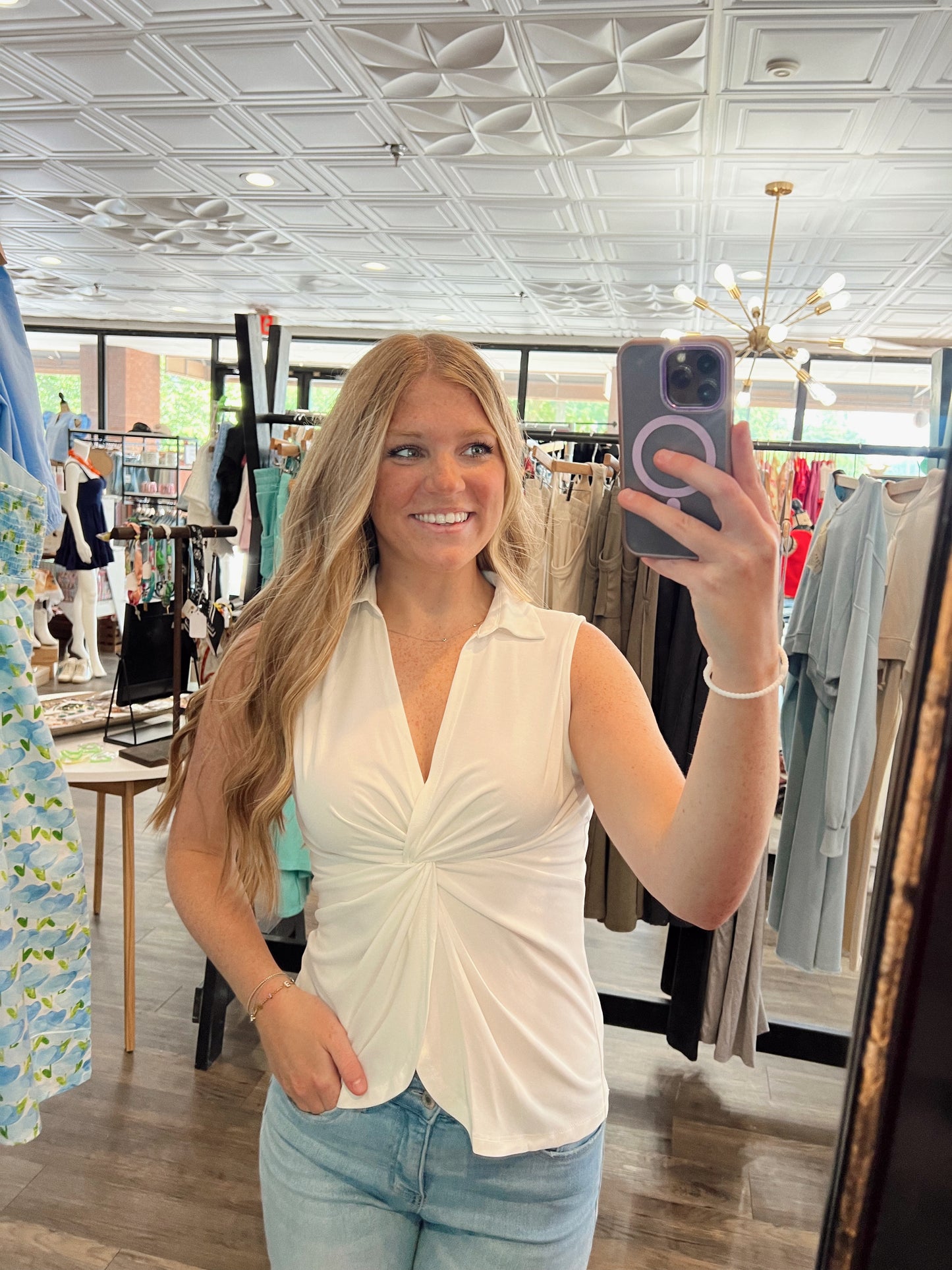 Collared V-Neck Front Twisted Top
