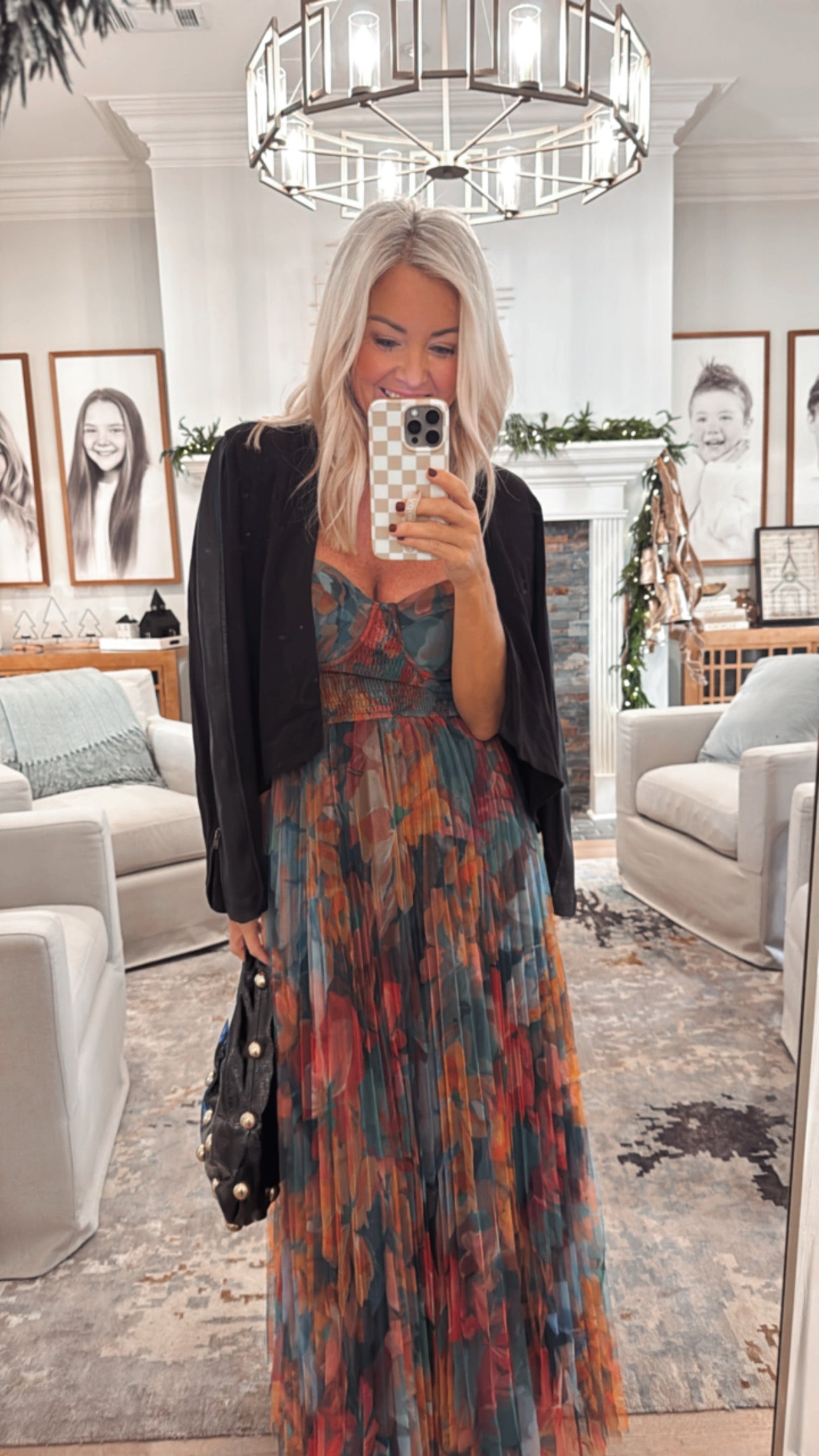 Pleated Floral Tulle Maxi Dress