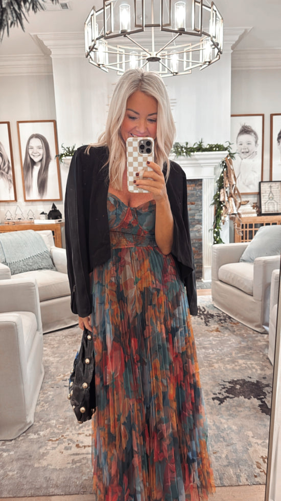 Pleated Floral Tulle Maxi Dress