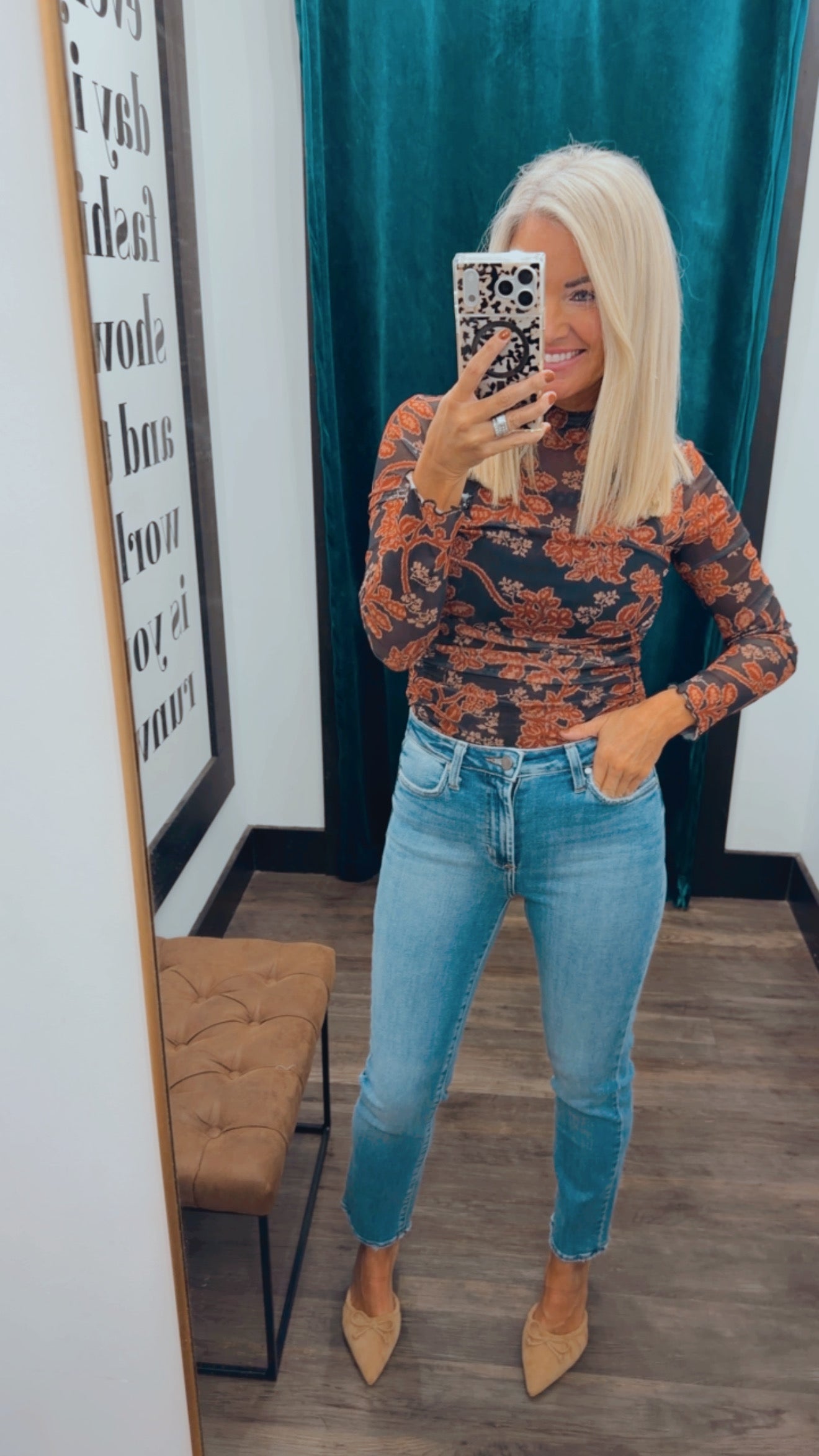 Floral Mesh Neck Ruched Bodysuit