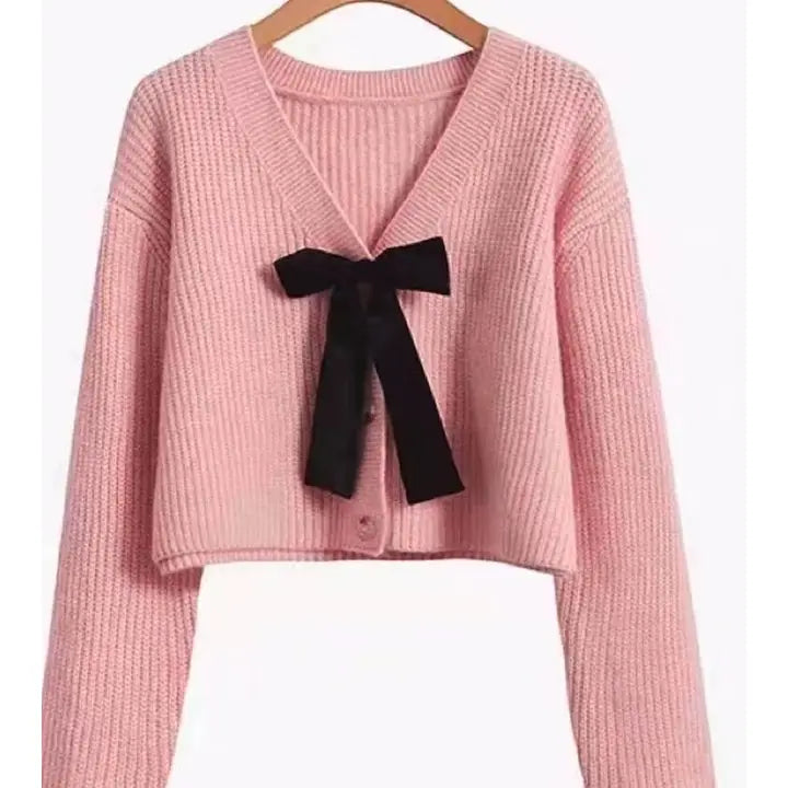 Bow Tie V-Neck Cropped Cardigan