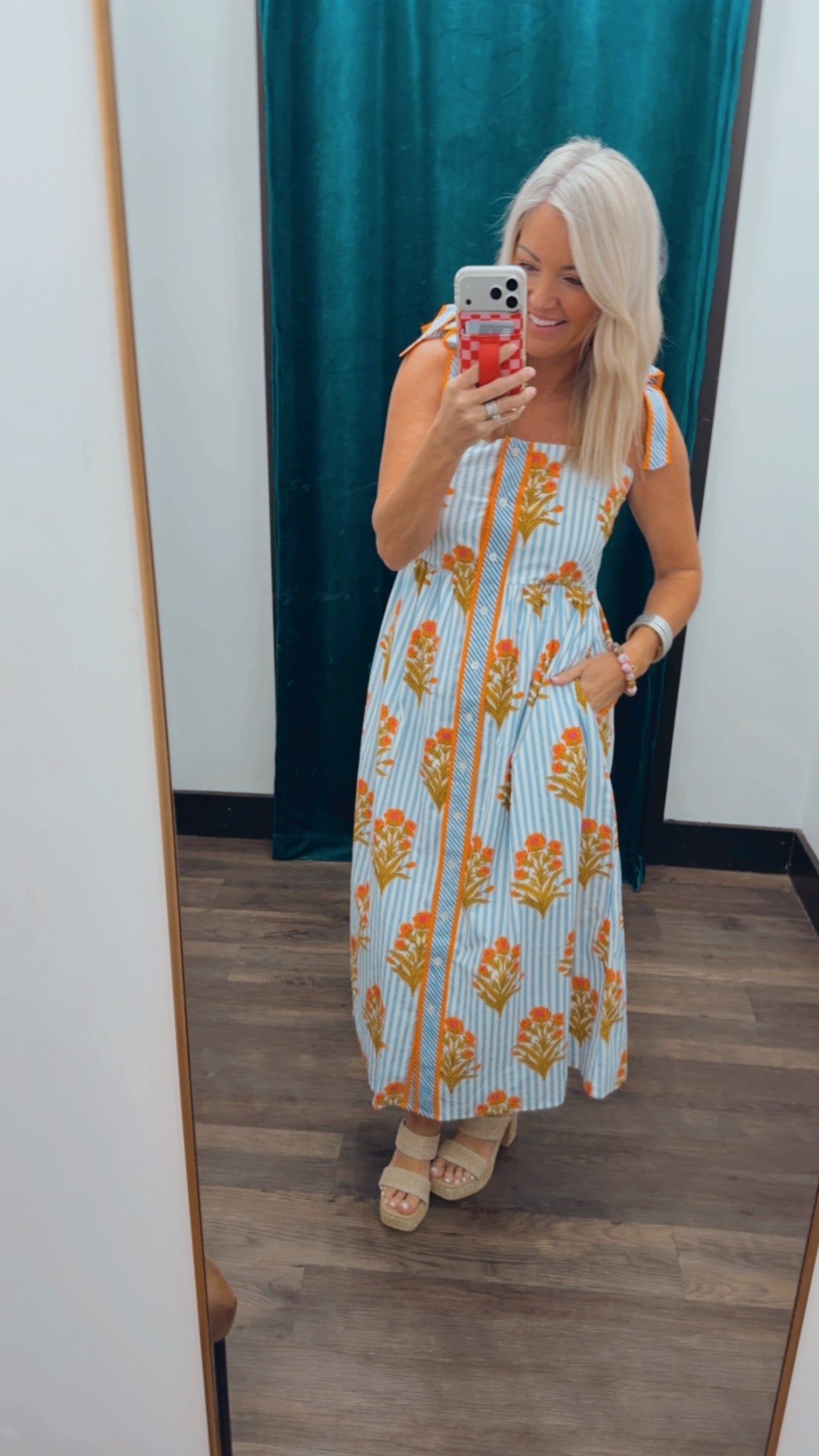 Tie Straps Floral Pattern Button Down Dress