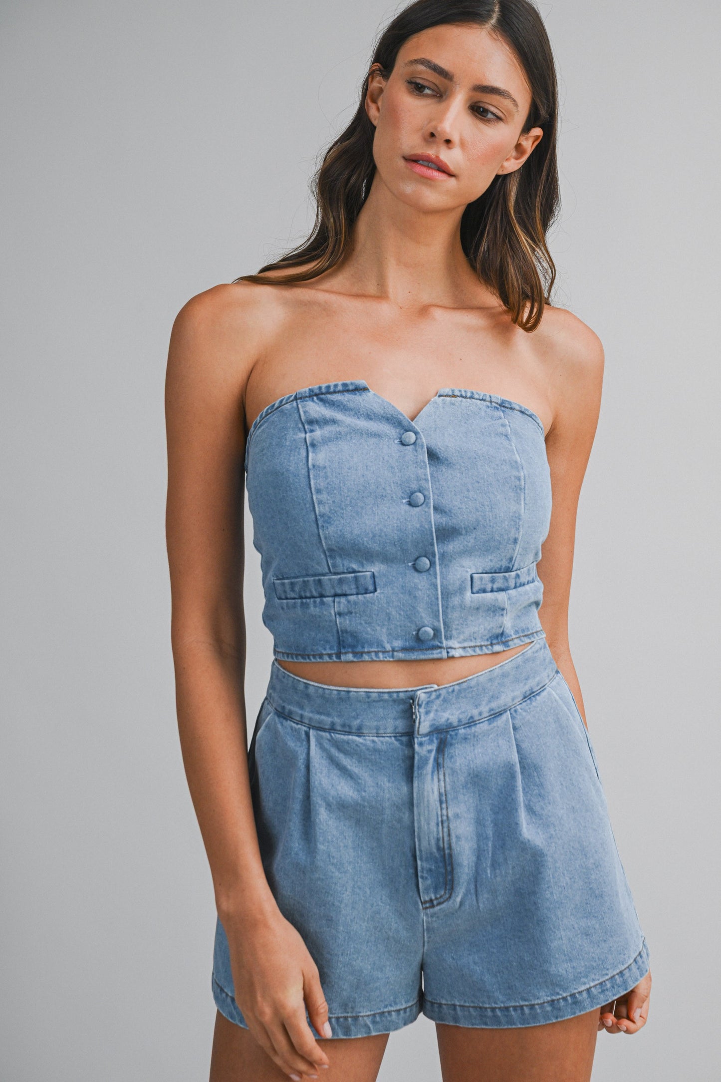 Denim Tube Top And Shorts Set