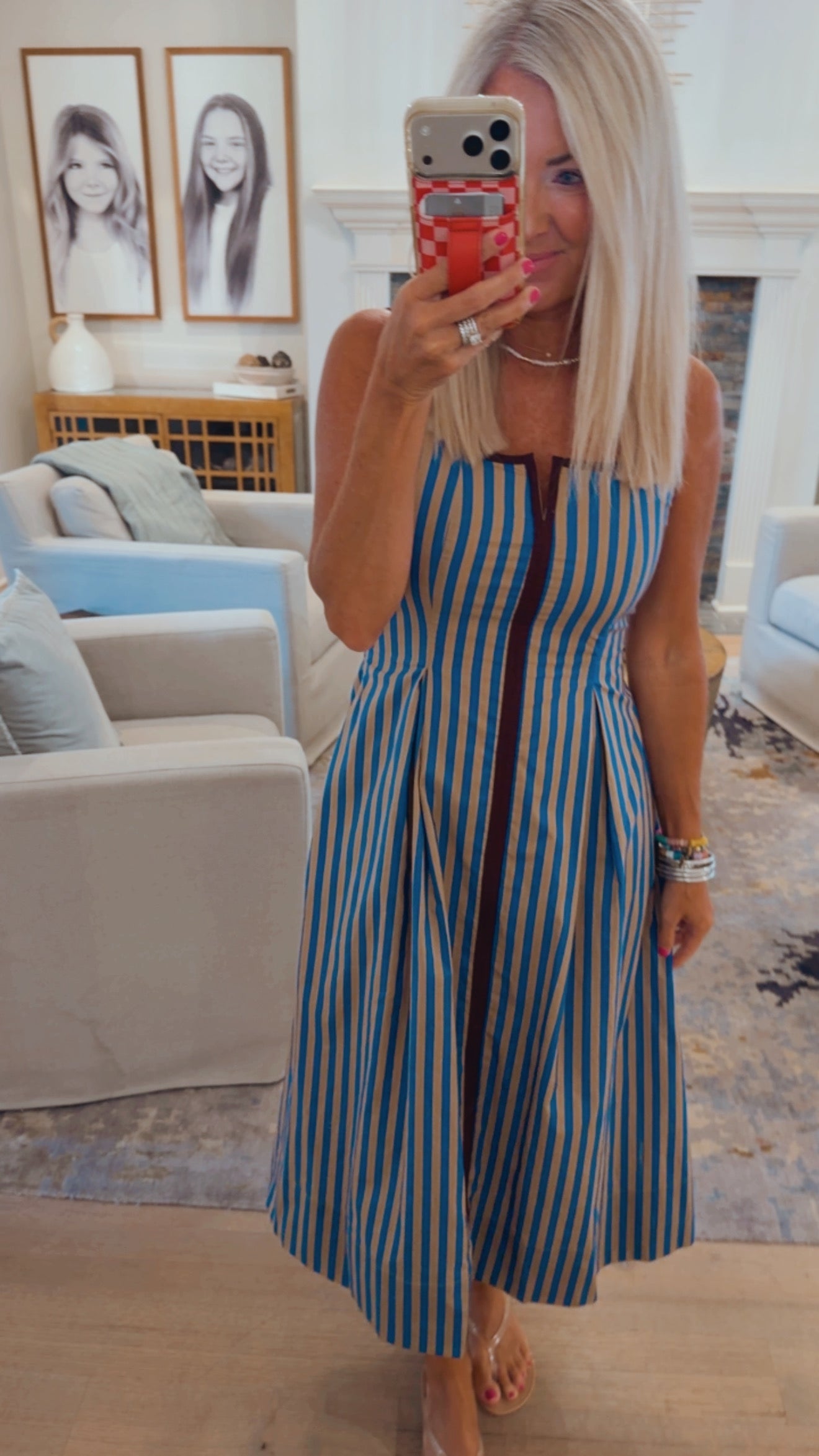 Stripe V Neck Midi Dress