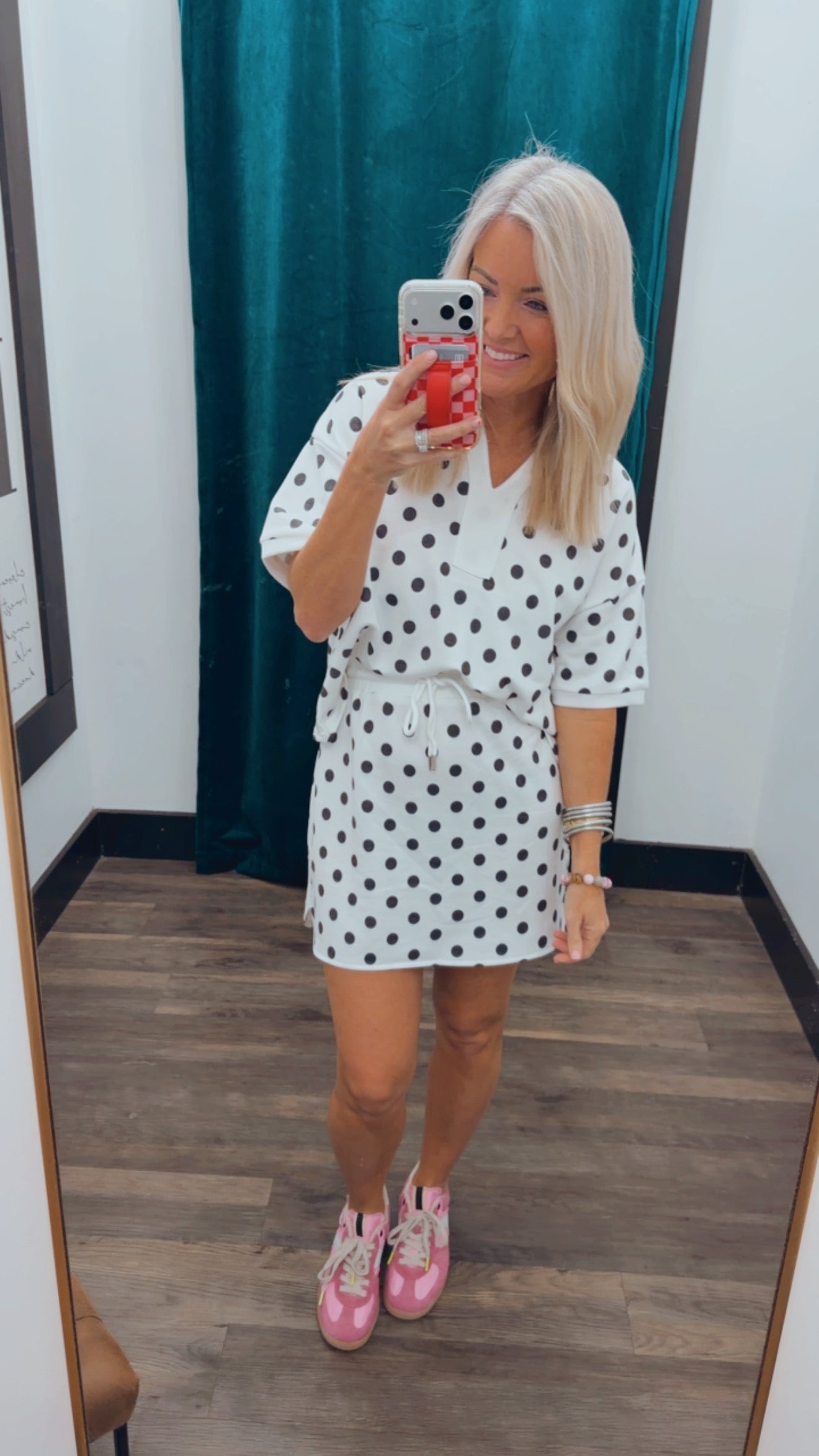 Polka Dot Collared Top And Skirt Set