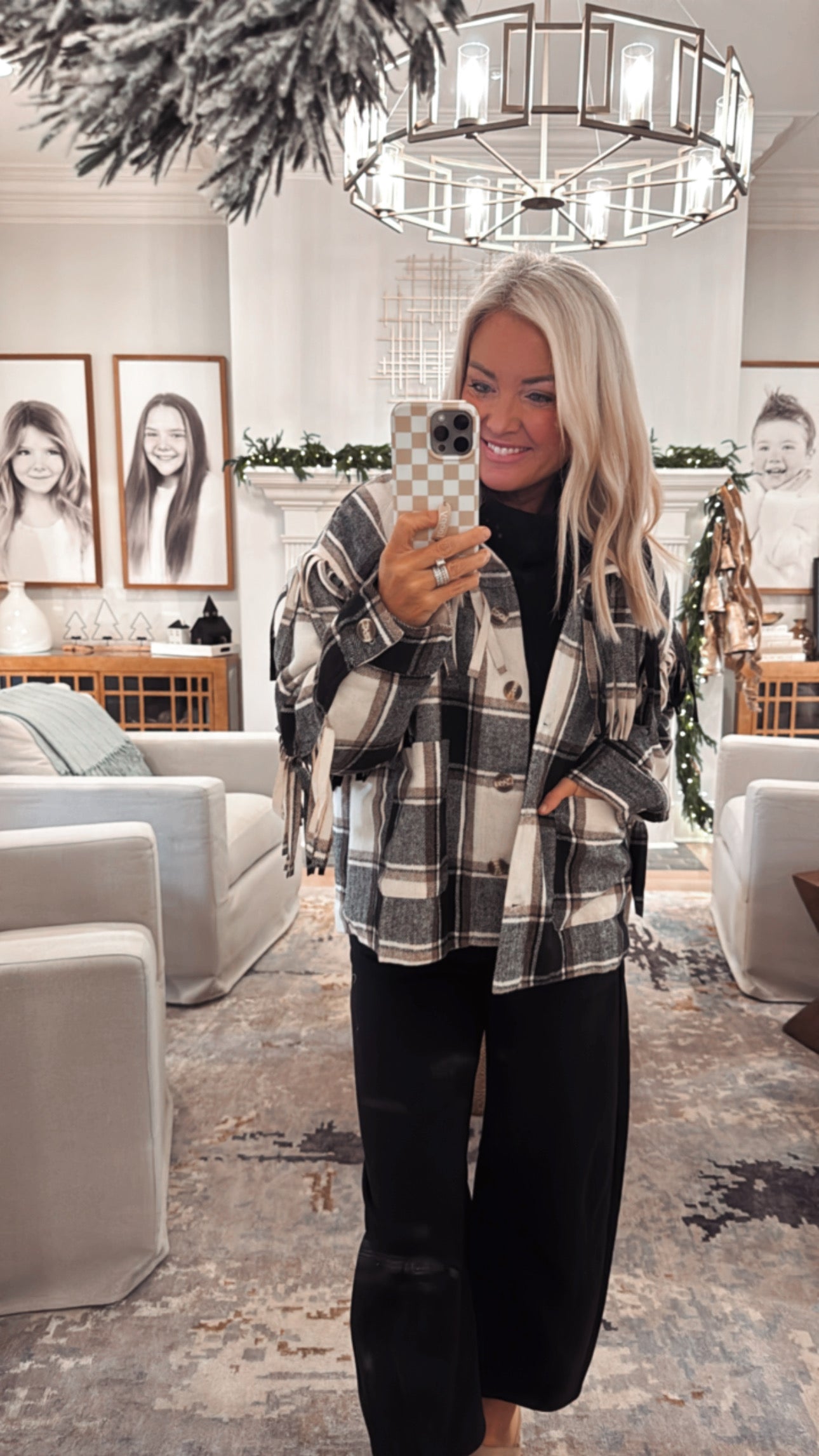 Wool Fringed Detail Plaid Jacket