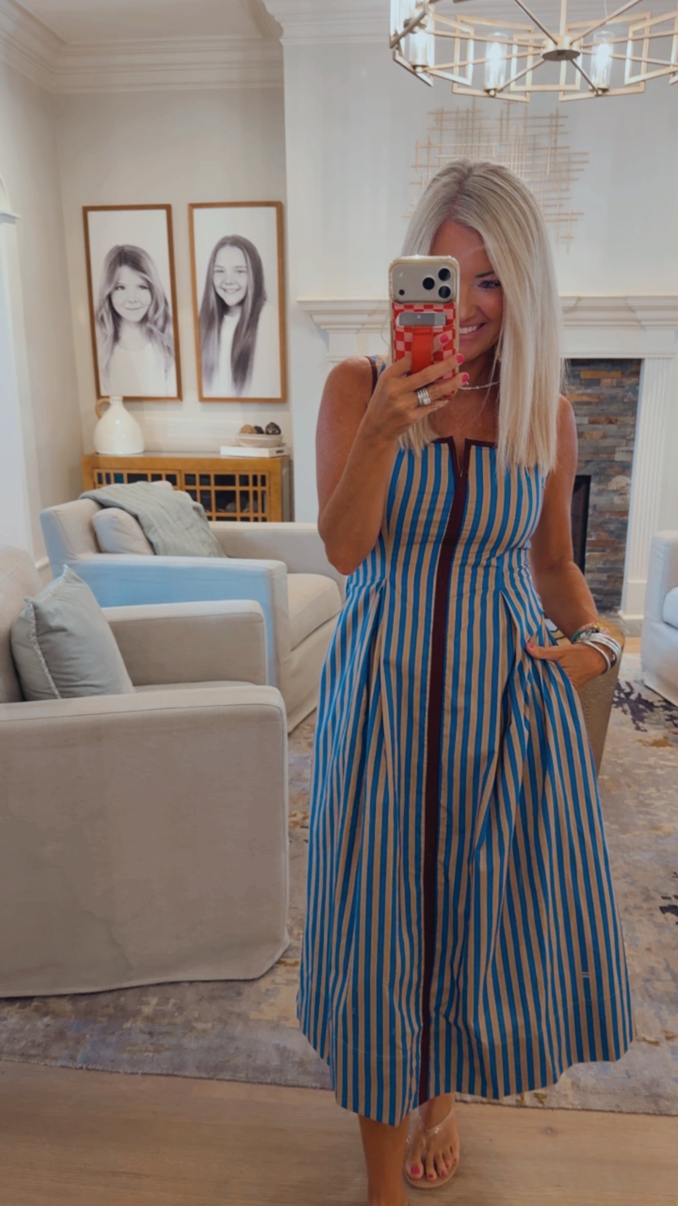 Stripe V Neck Midi Dress