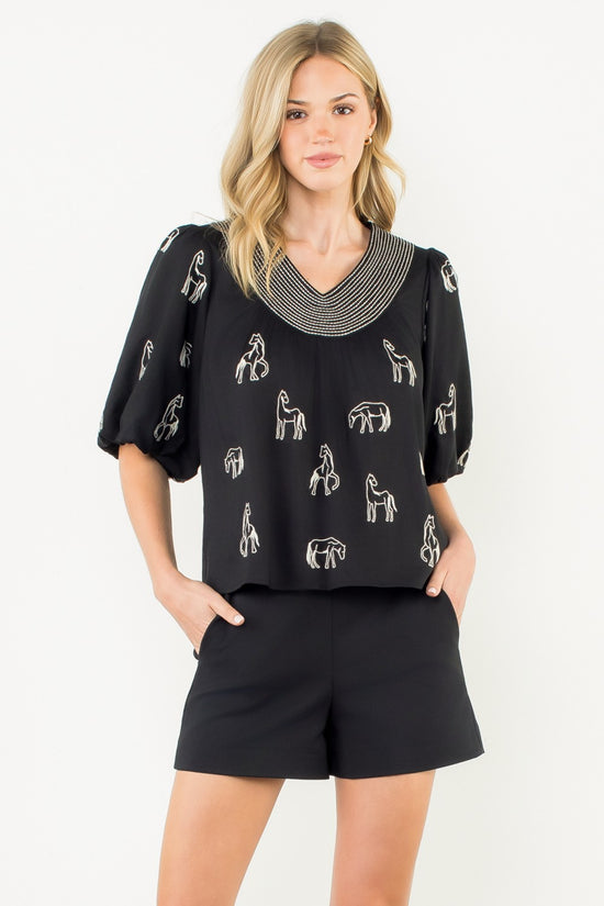 THML Embroidered Horse Puff Sleeve Top